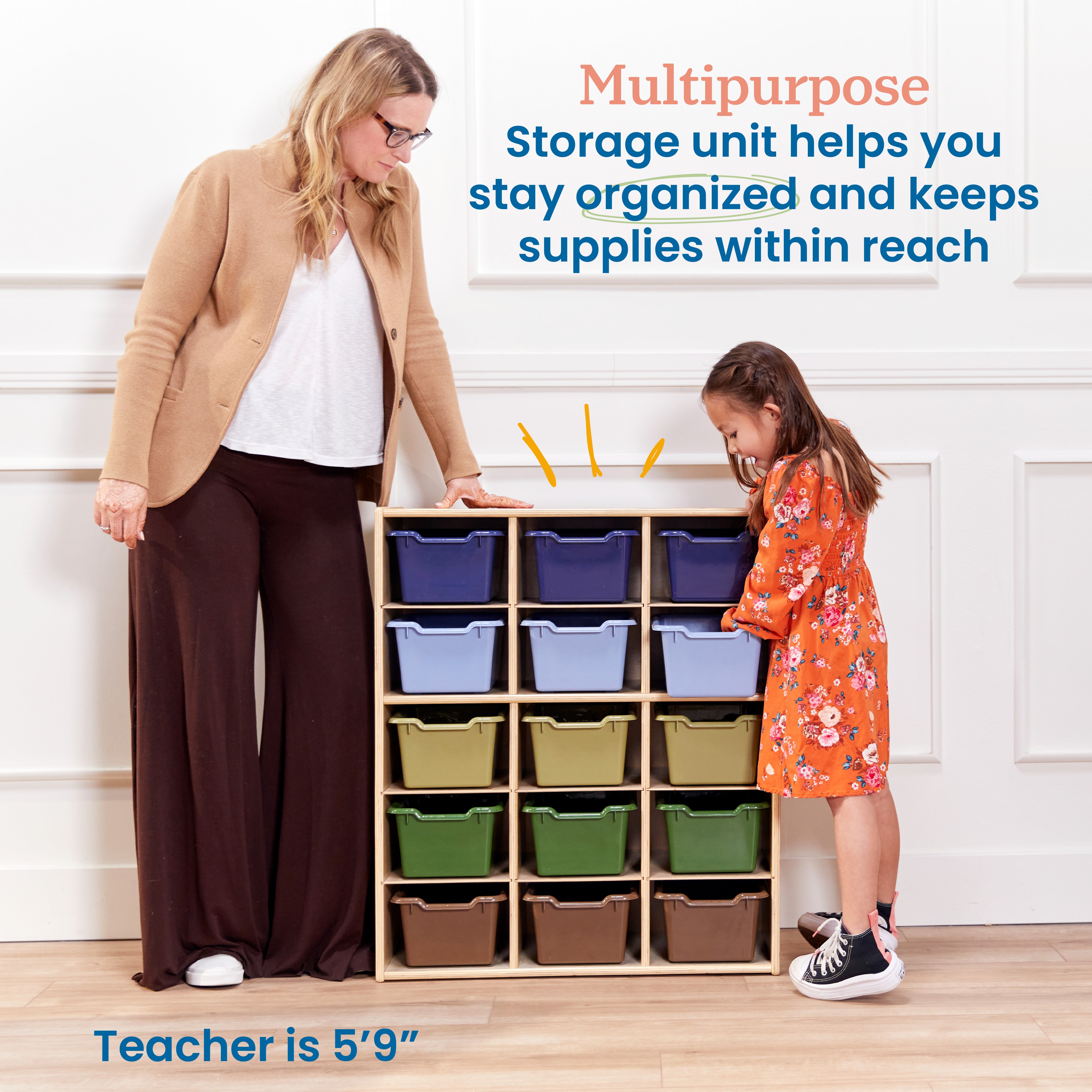 Streamline 15 Cubby Tray Cabinet with 15 Scoop Front Storage Bins, 5x3, Natural