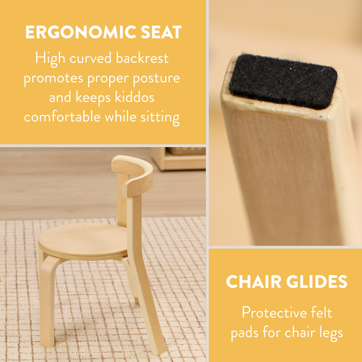 Natural wood bentwood chair with curved backrest and black felt glide pads on legs.
