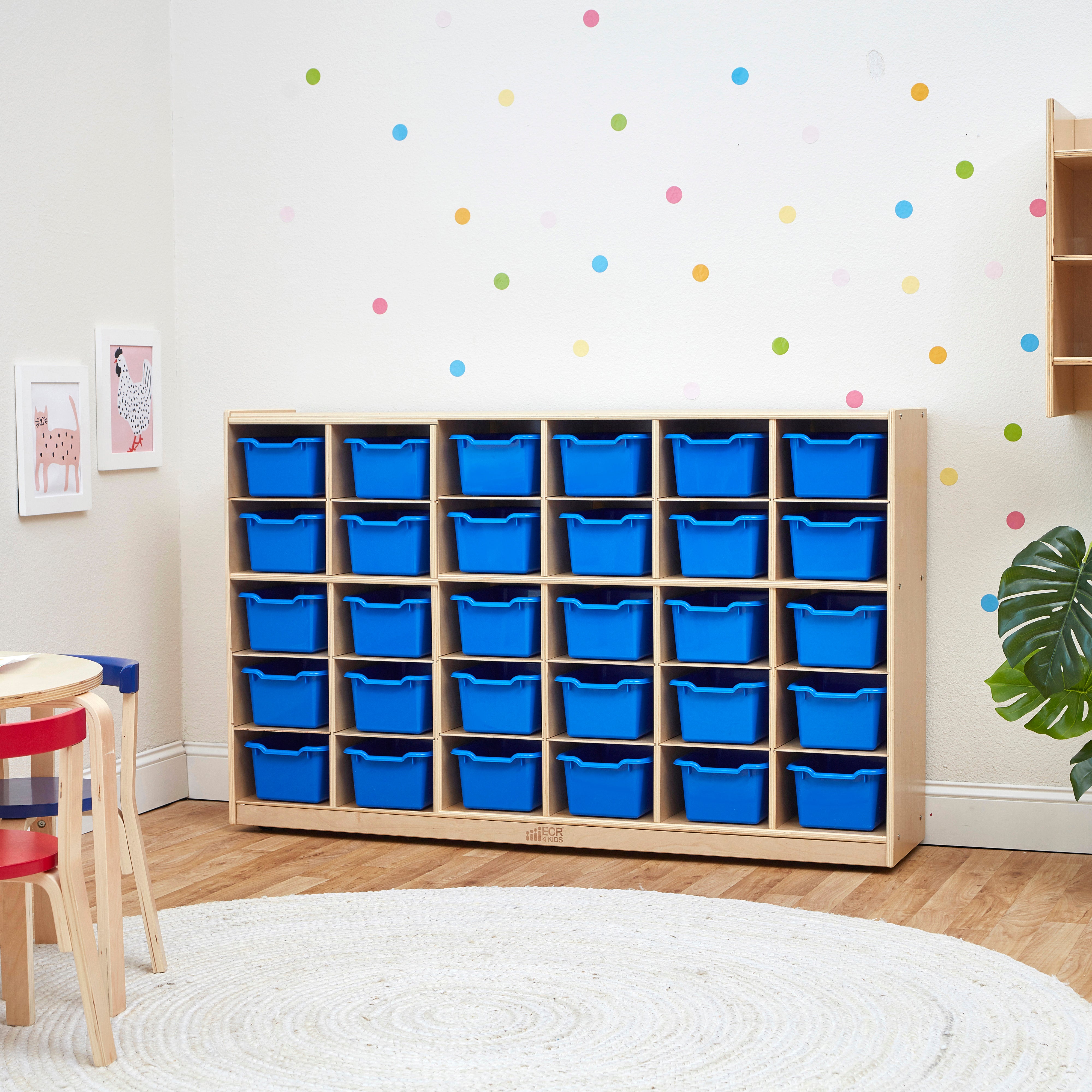 30 Cubby Mobile Tray Cabinet with 30 Scoop Front Storage Bins, 5x6, Natural