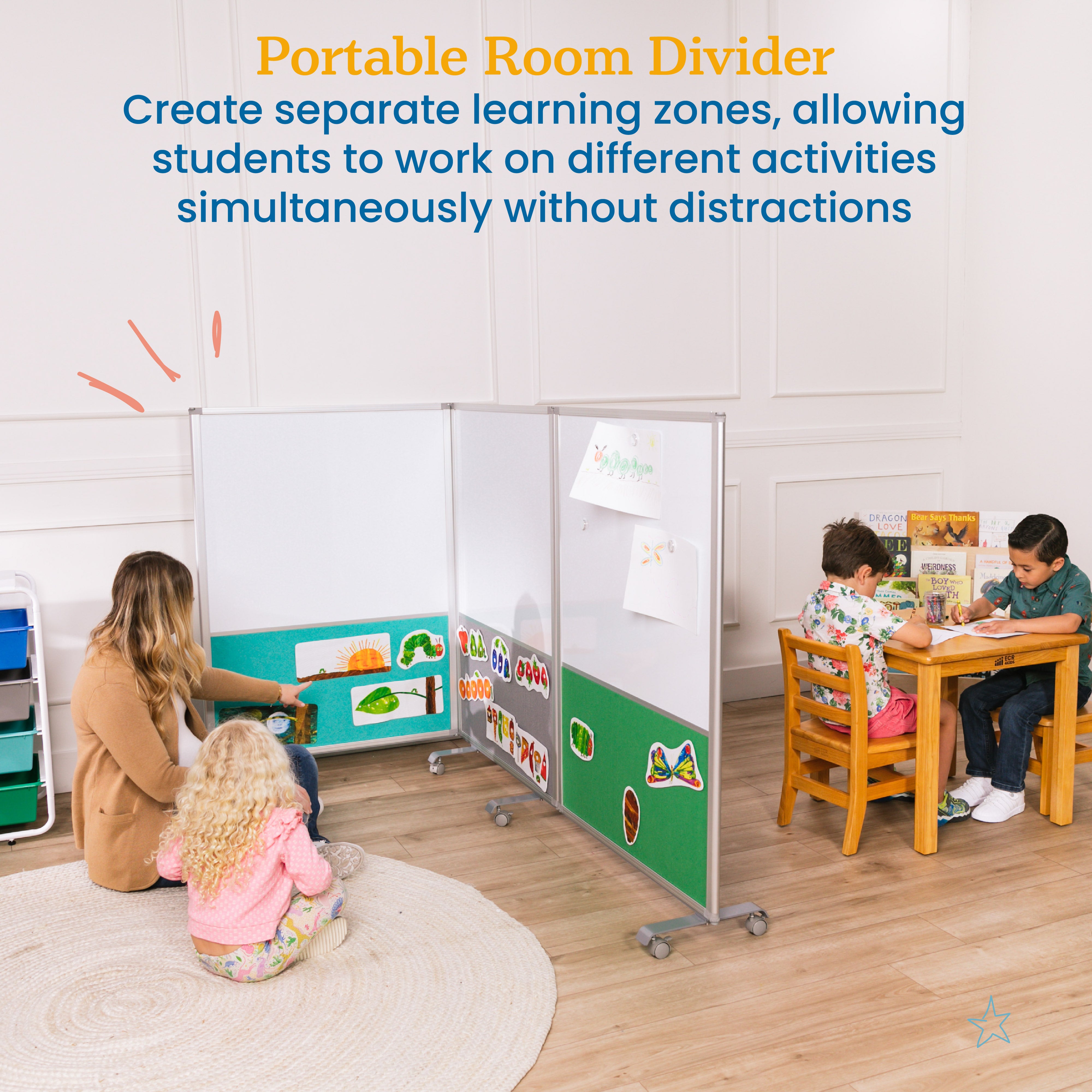 Mobile Dry-Erase and Flannel Split Room Divider, 3-Panel