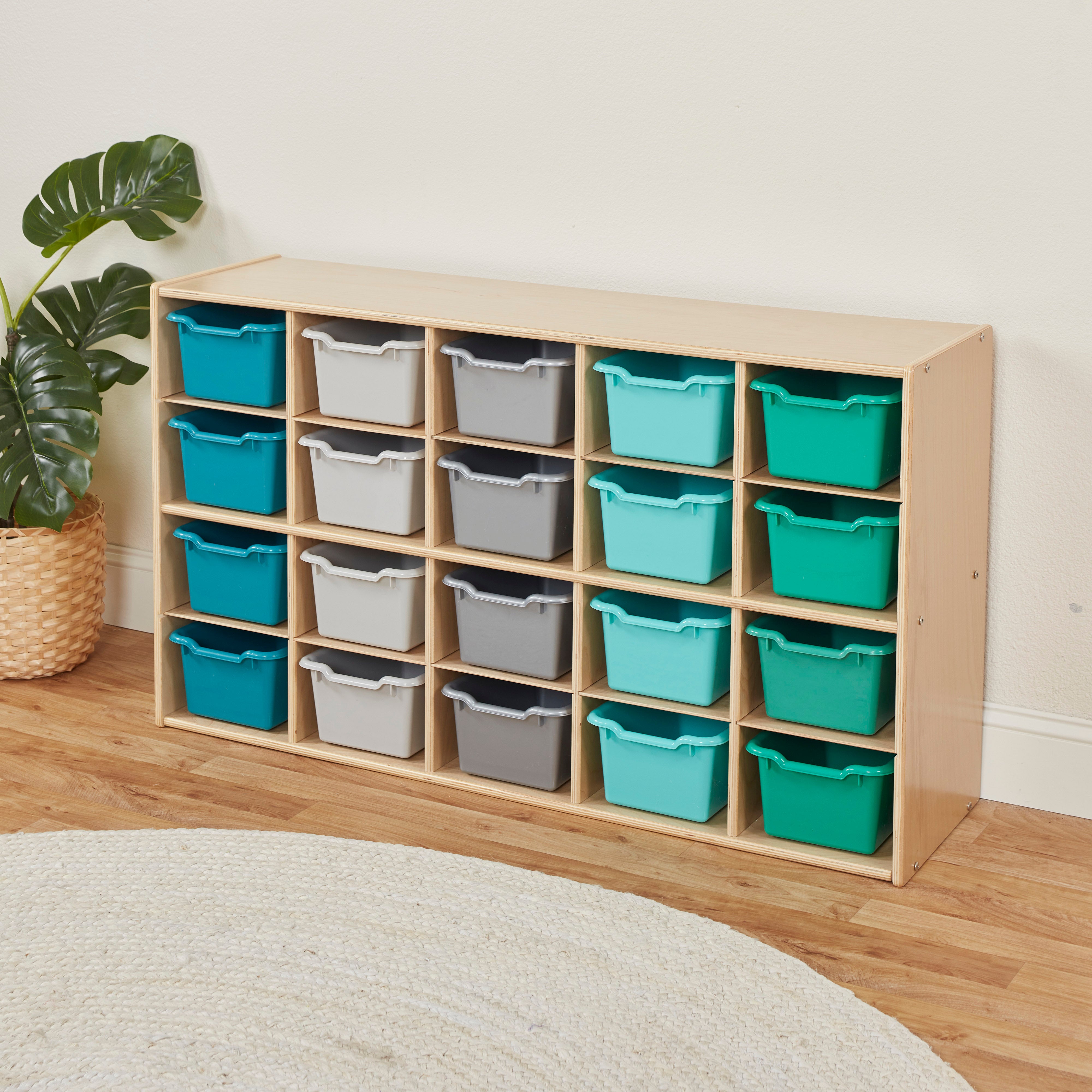 Streamline 20 Cubby Tray Storage Cabinet with 20 Scoop Front Storage Bins, 4x5, Natural