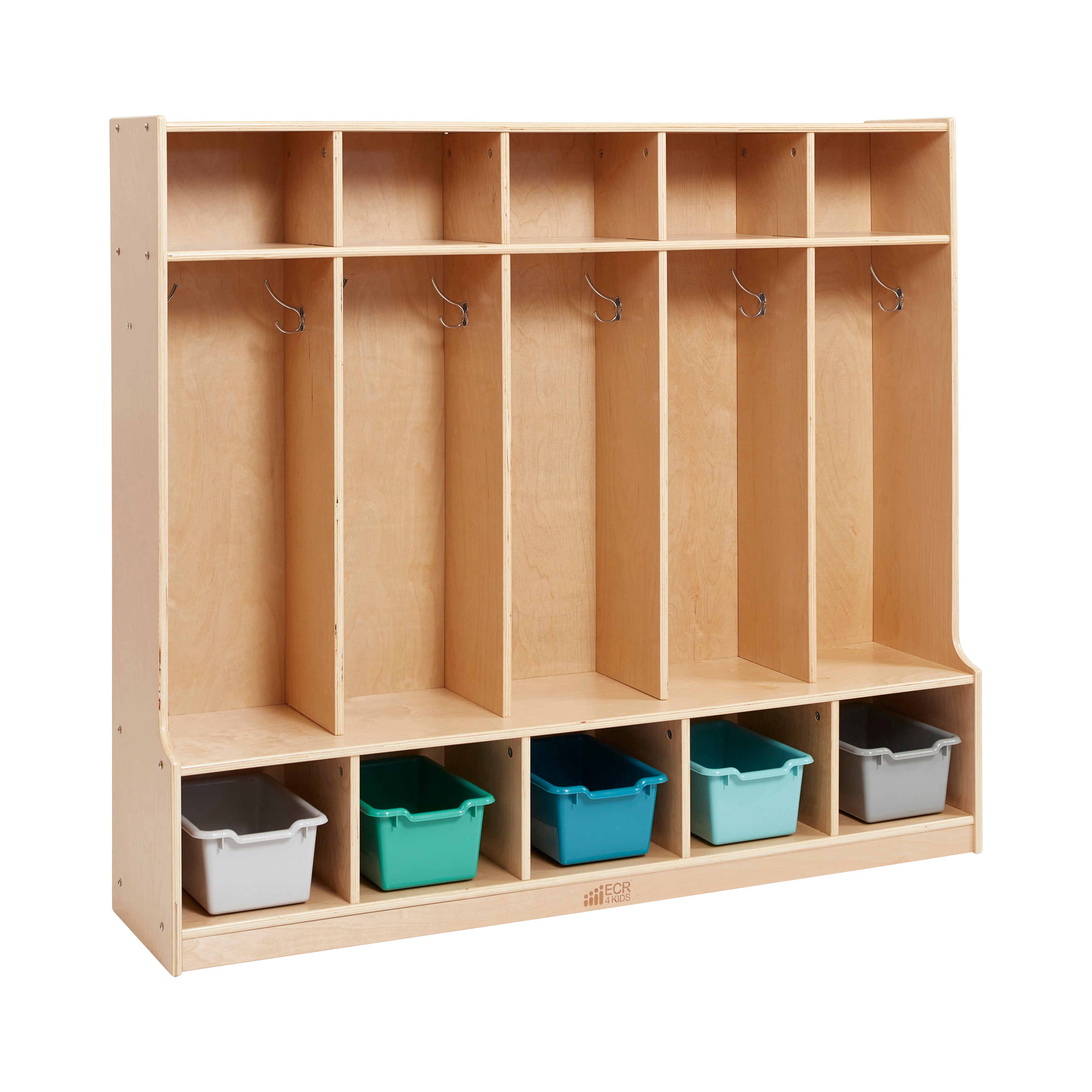 5-Section Coat Locker with Bench and Scoop Front Storage Bins, Natural