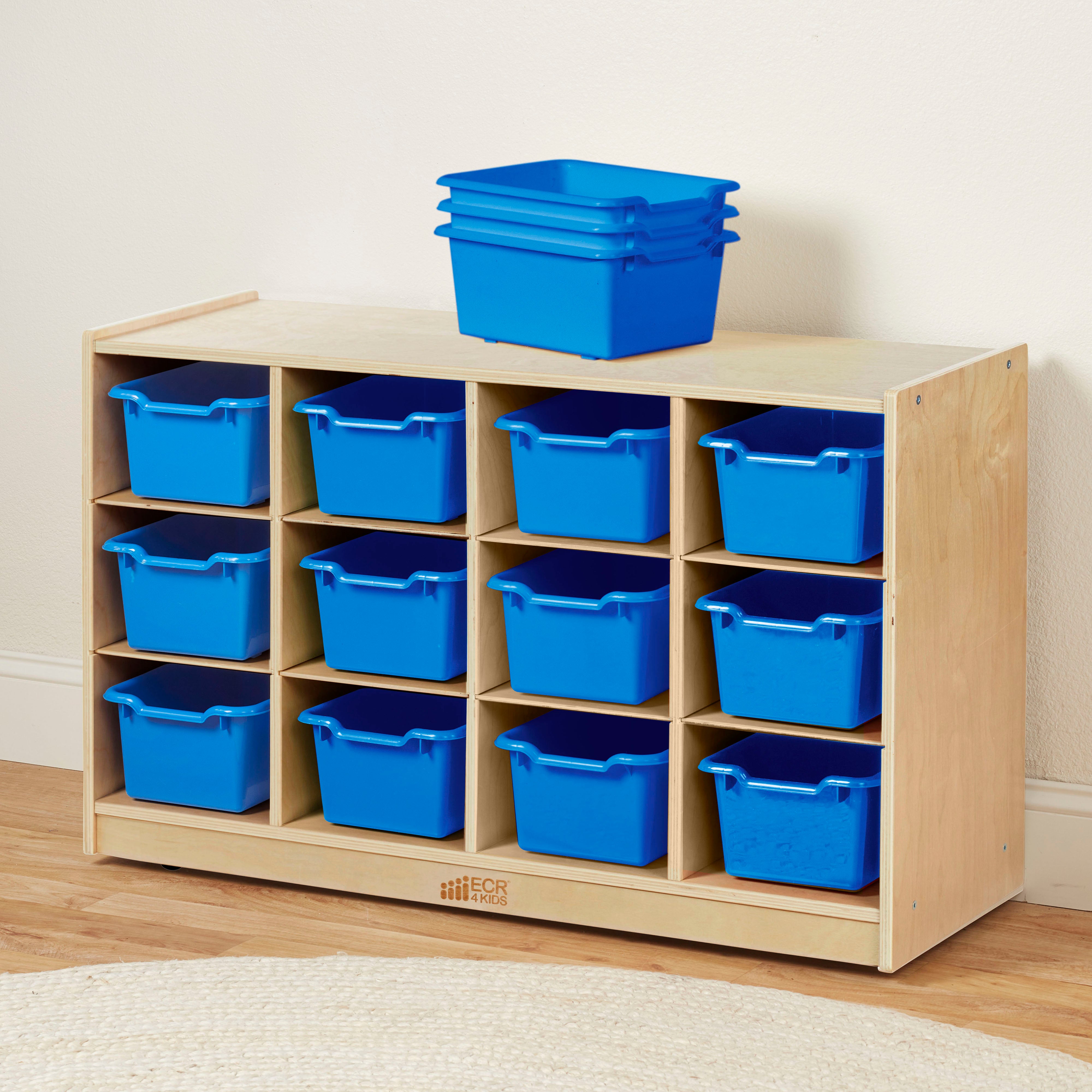 12 Cubby Mobile Tray Cabinet with 15 Scoop Front Storage Bins, 3x4, Natural