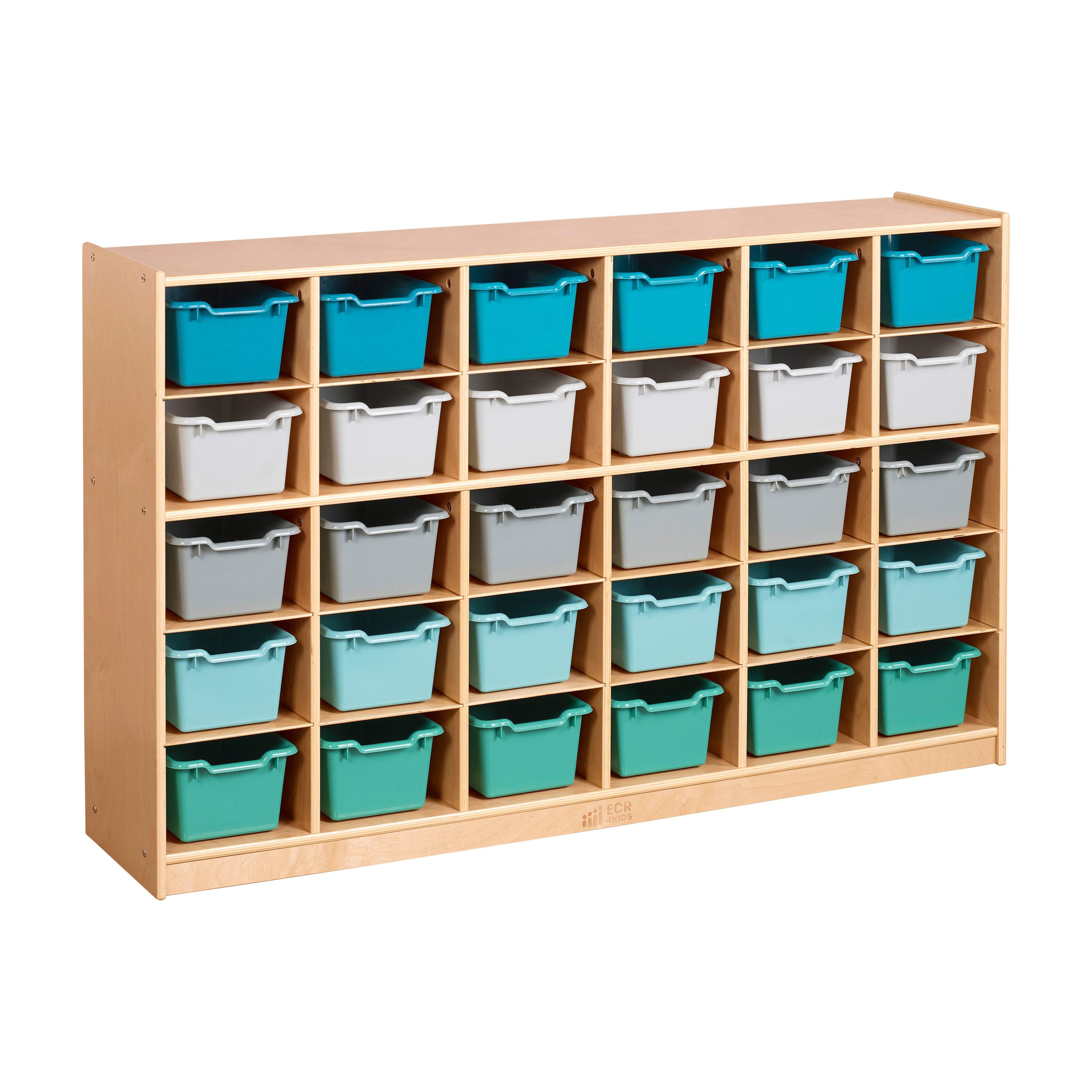 30 Cubby Mobile Tray Cabinet with 30 Scoop Front Storage Bins, 5x6, Natural