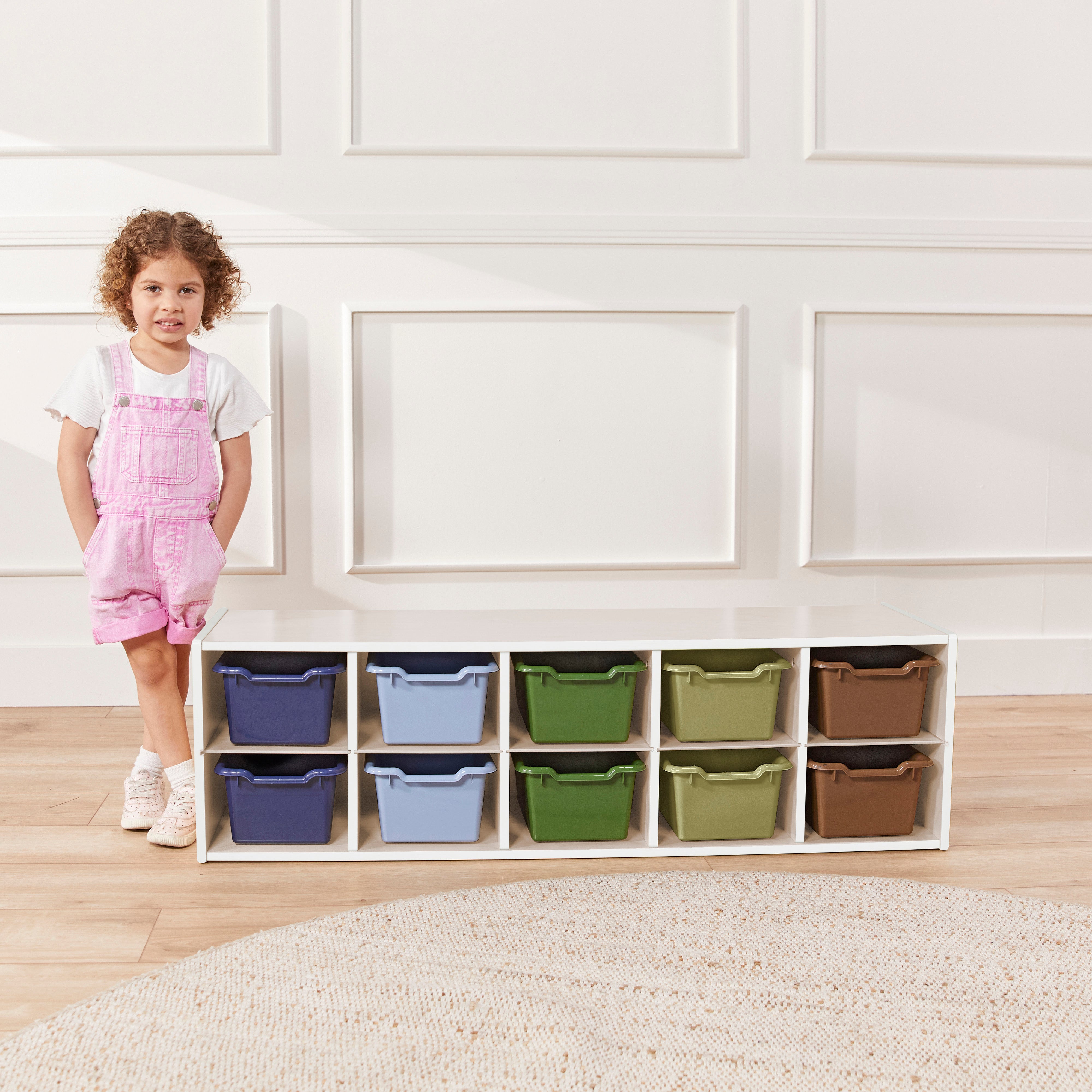 Streamline 10 Cubby Tray Cabinet with 10 Scoop Front Storage Bins, 2x5, White Wash