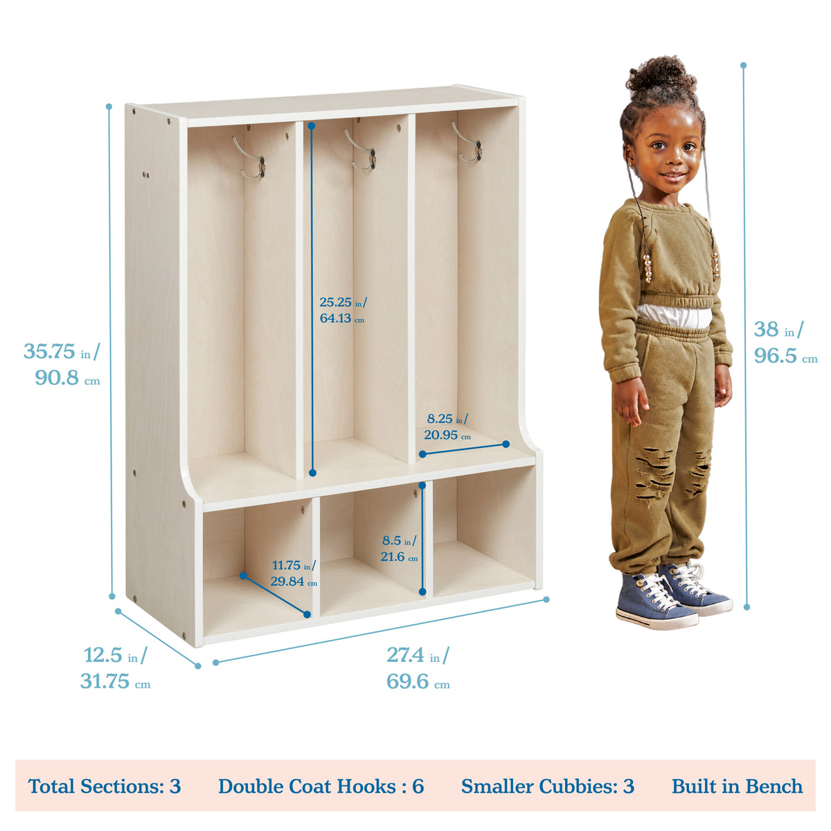 Streamline 3-Section Toddler Coat Locker with Bench