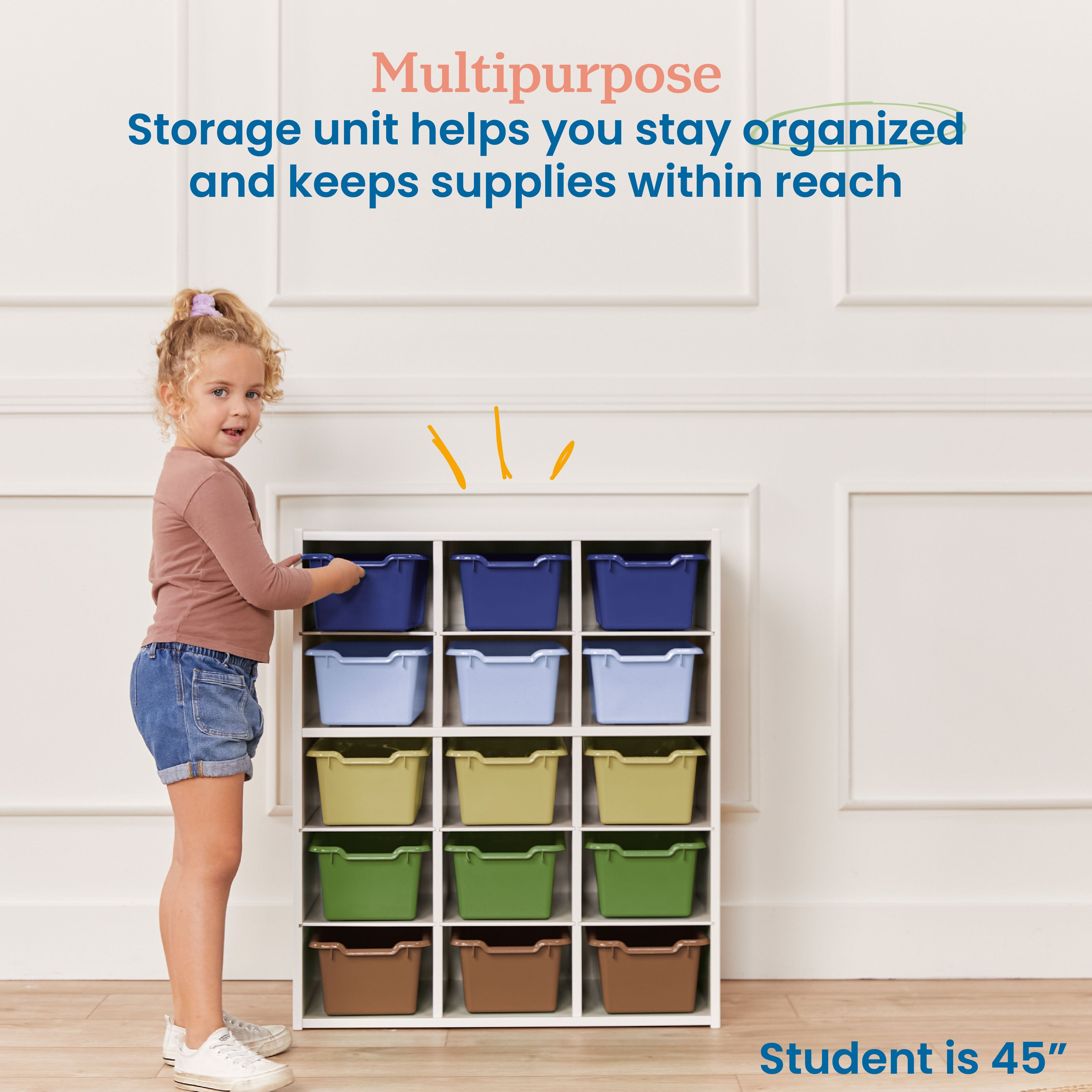 Streamline 15 Cubby Tray Cabinet with 15 Scoop Front Storage Bins, 5x3, White Wash