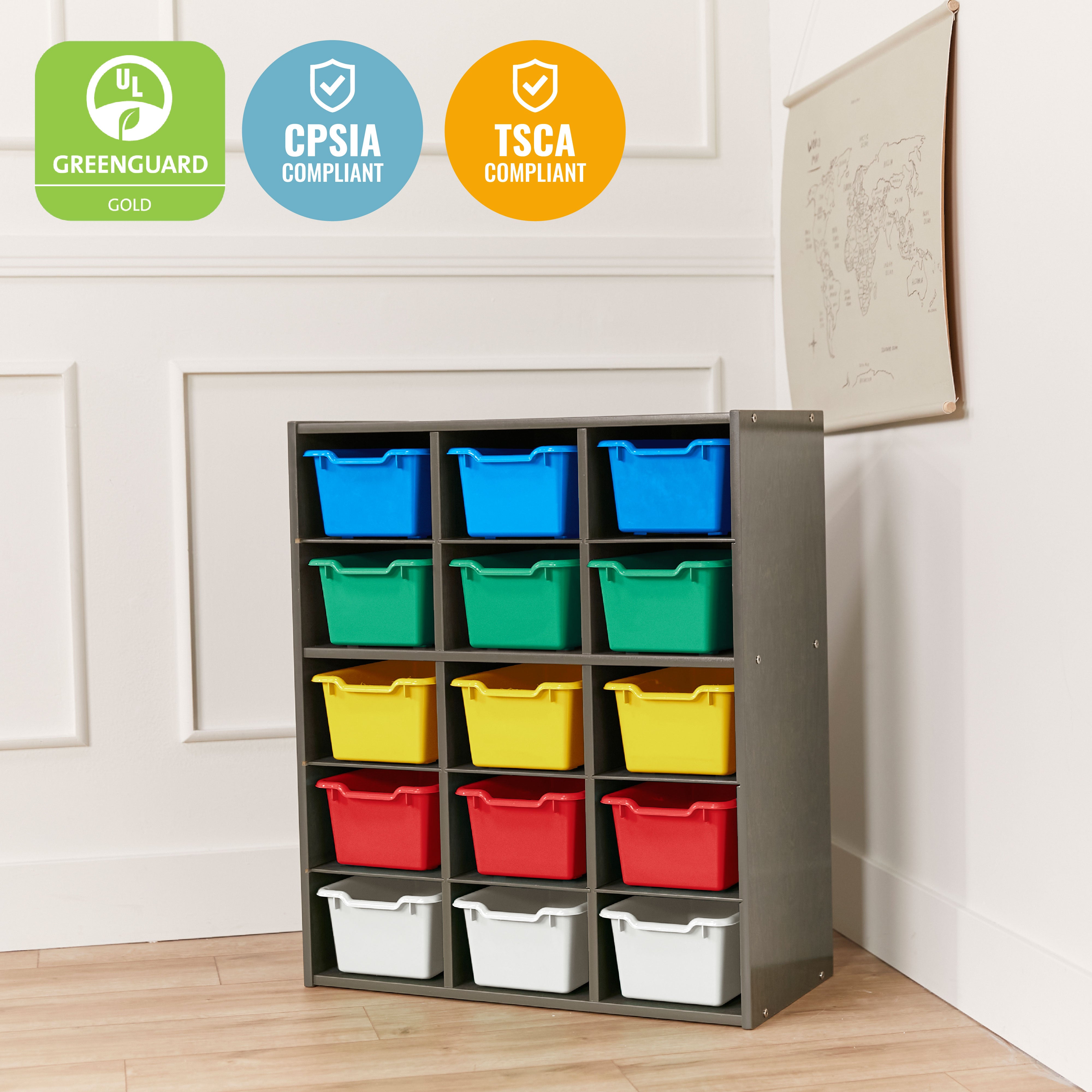 Streamline 15 Cubby Tray Cabinet with 15 Scoop Front Storage Bins, 5x3, Grey Wash