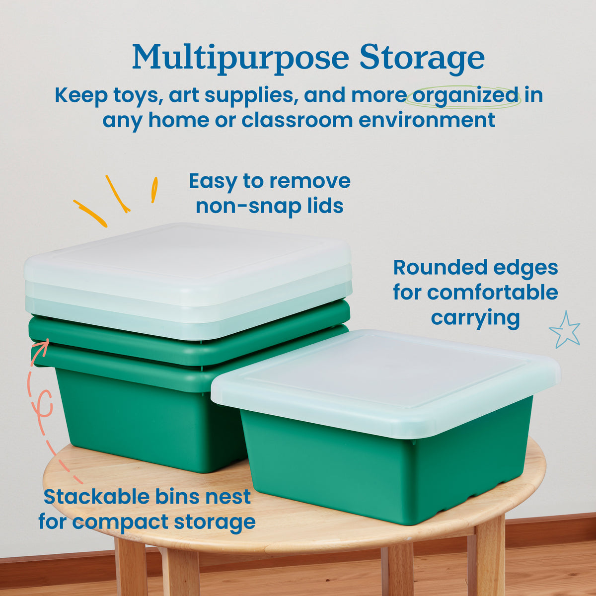 Stackable Square Bins with Non-Snap Lids, 4-Pack