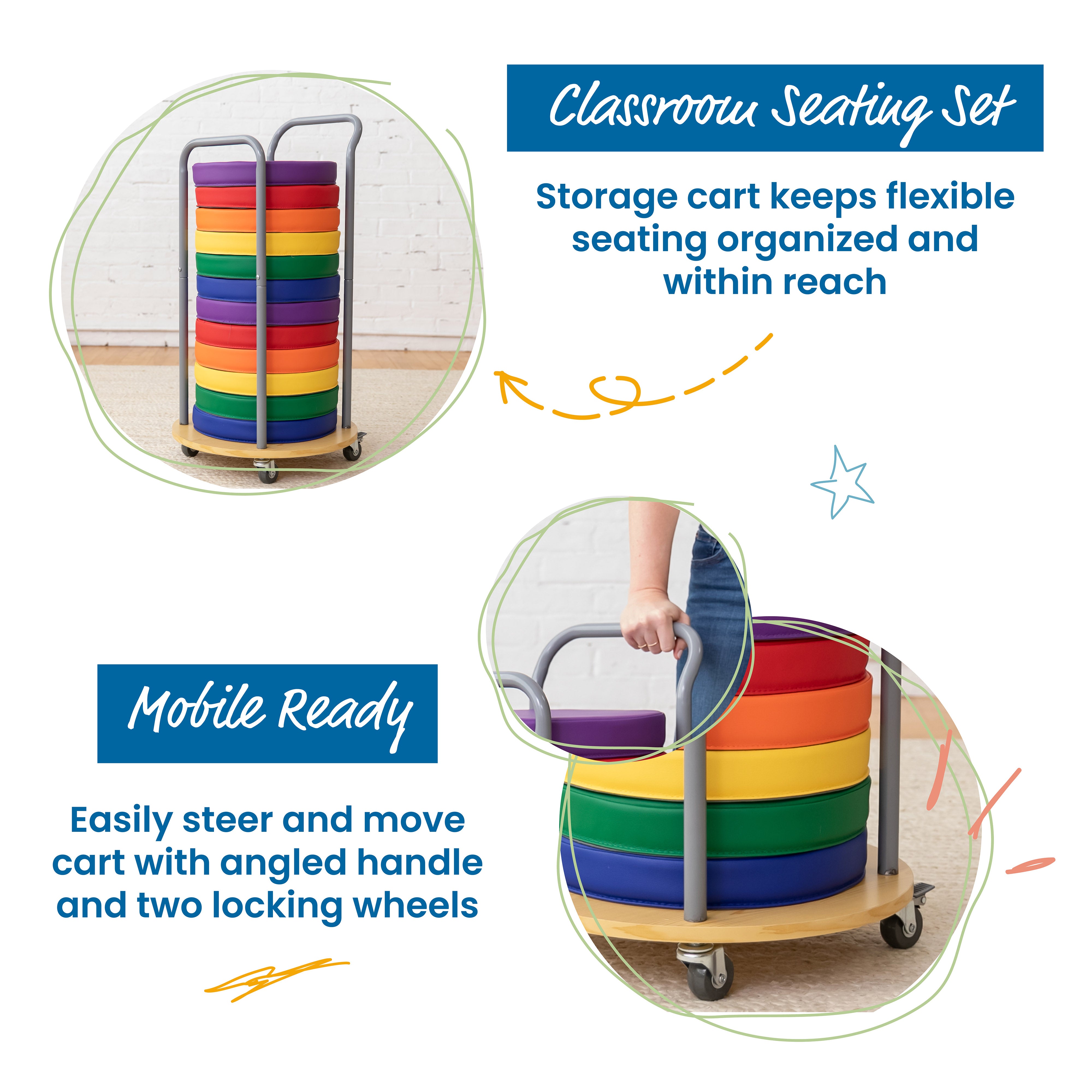 Round Floor Cushions and Mobile Cart, 12-Piece