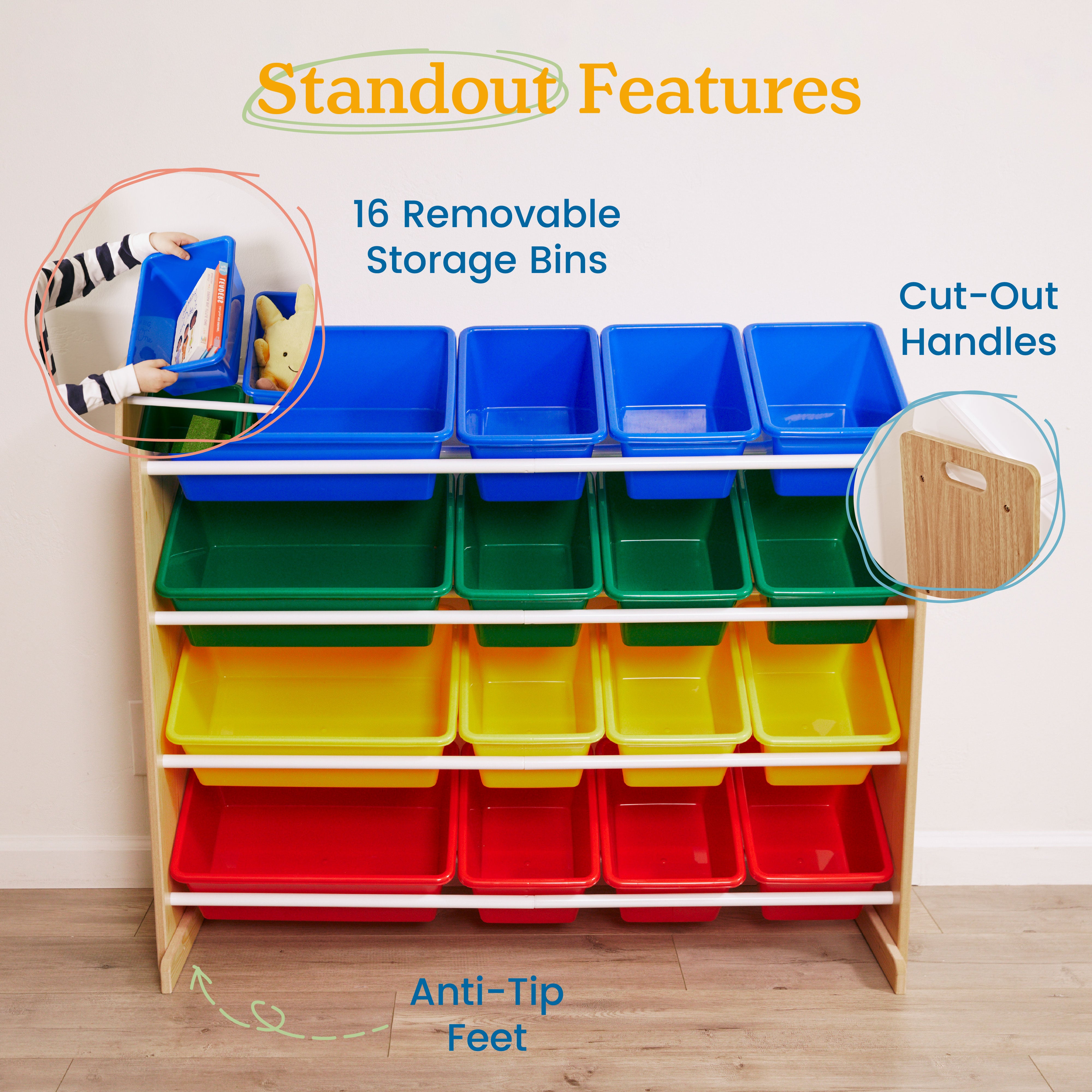 4-Tier Organizer with 16 Removable Plastic Bins, 4x4