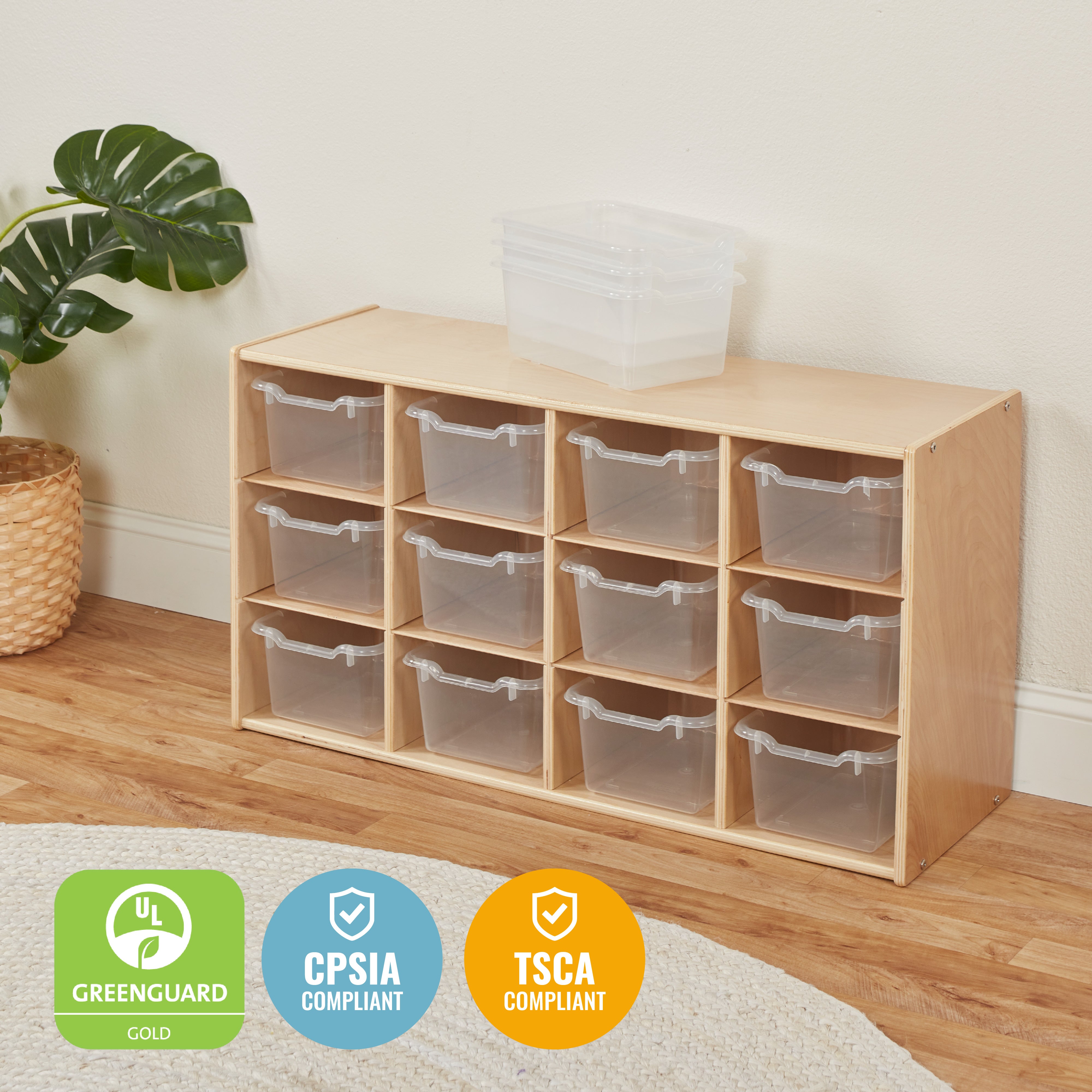 Streamline 12 Cubby Tray Cabinet with 15 Scoop Front Storage Bins, 3x4, Natural