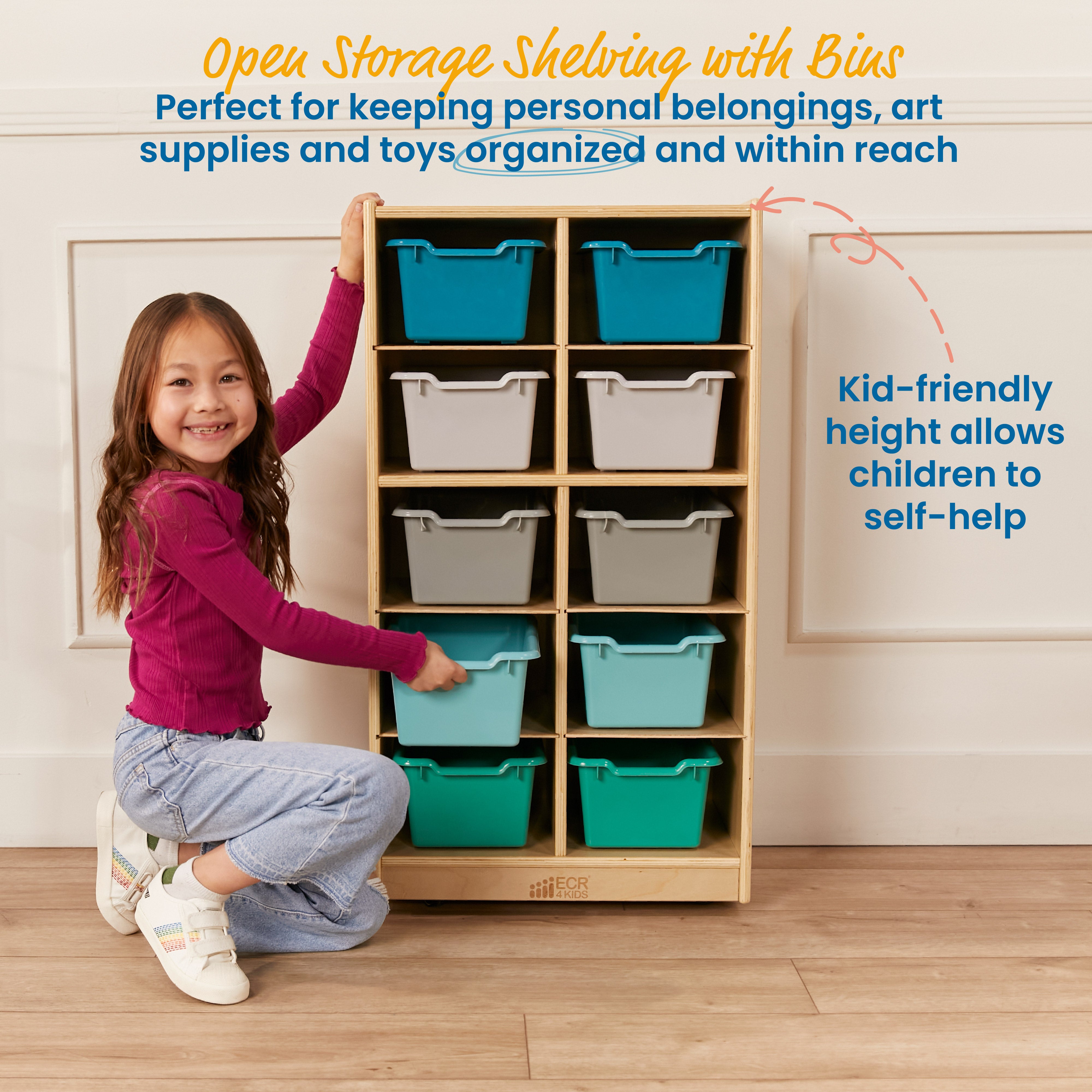 10 Cubby Mobile Tray Cabinet and 10 Scoop Front Bins, 5x2