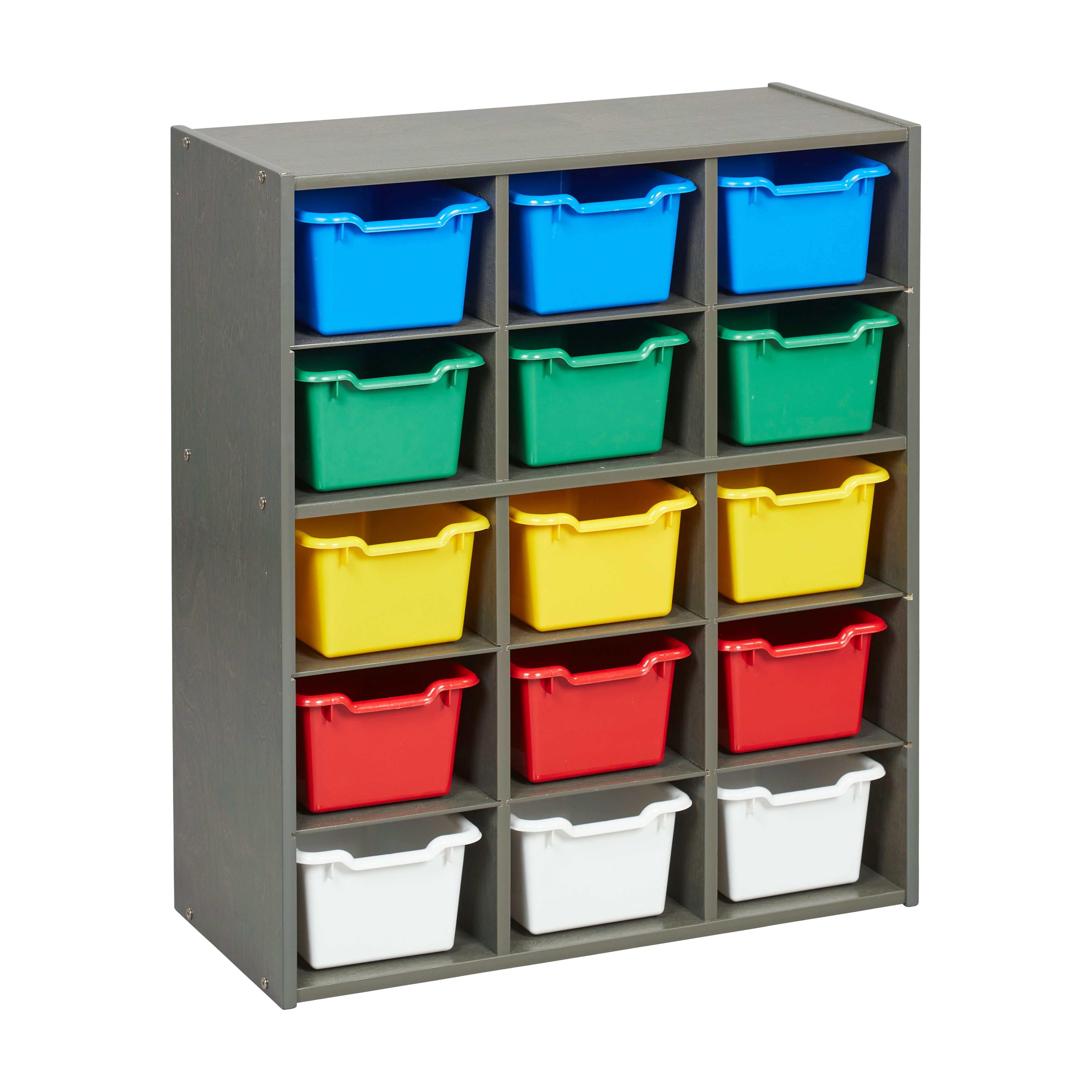 Streamline 15 Cubby Tray Cabinet with 15 Scoop Front Storage Bins, 5x3, Grey Wash