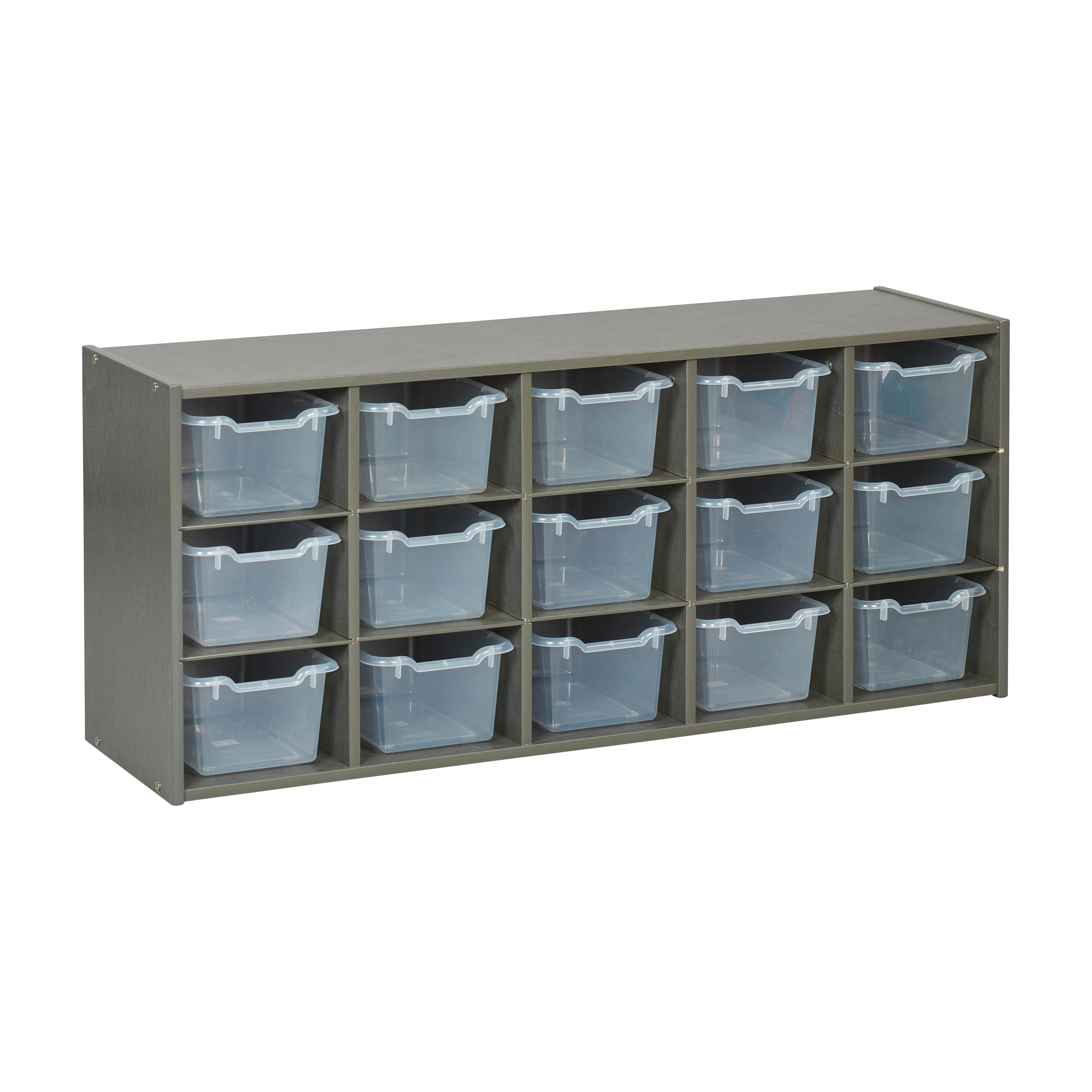 Streamline 15 Cubby Tray Cabinet with 15 Scoop Front Storage Bins, 3x5, Grey Wash