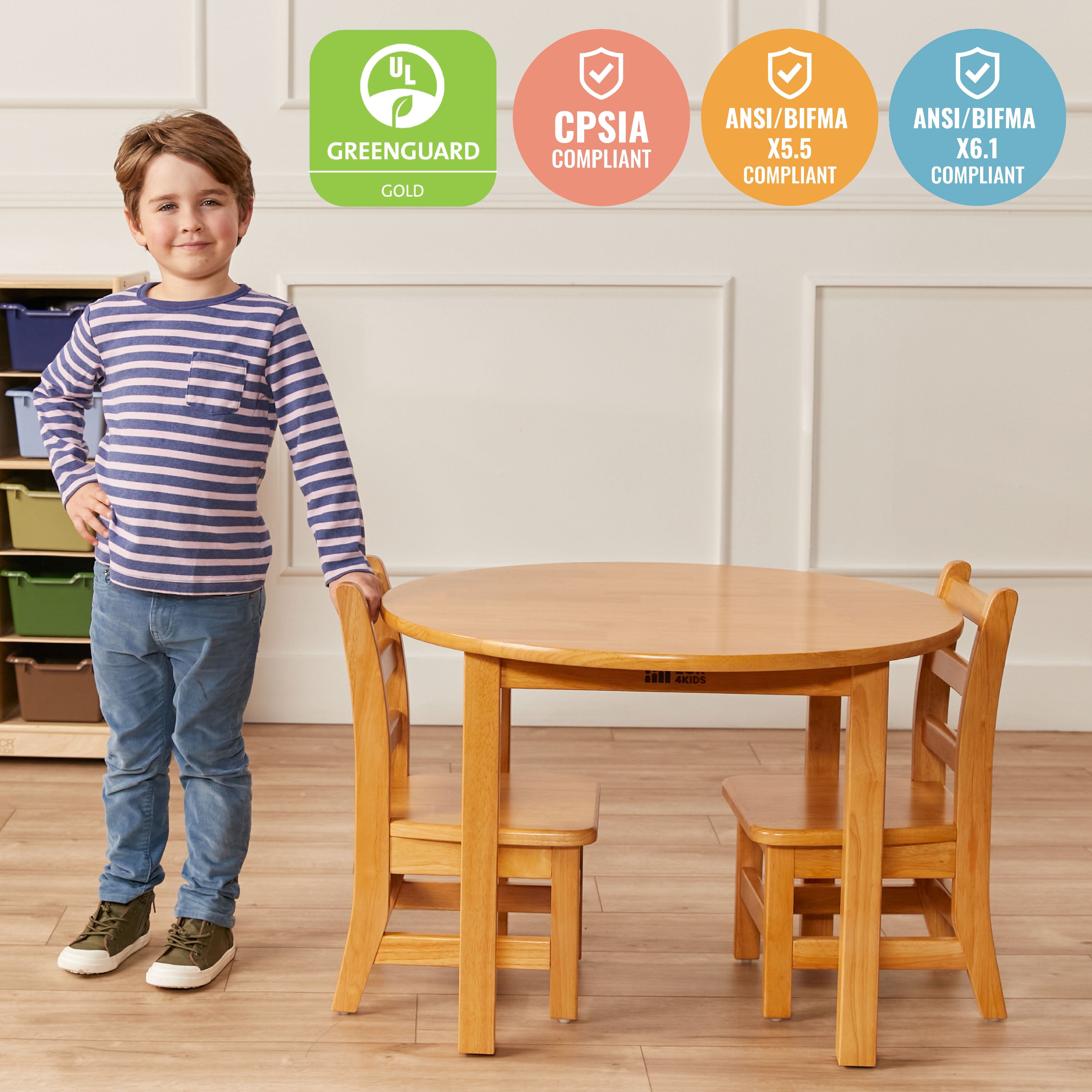 30in D Round Hardwood Table with 20in Legs and Two 10in Chairs, 3-Piece