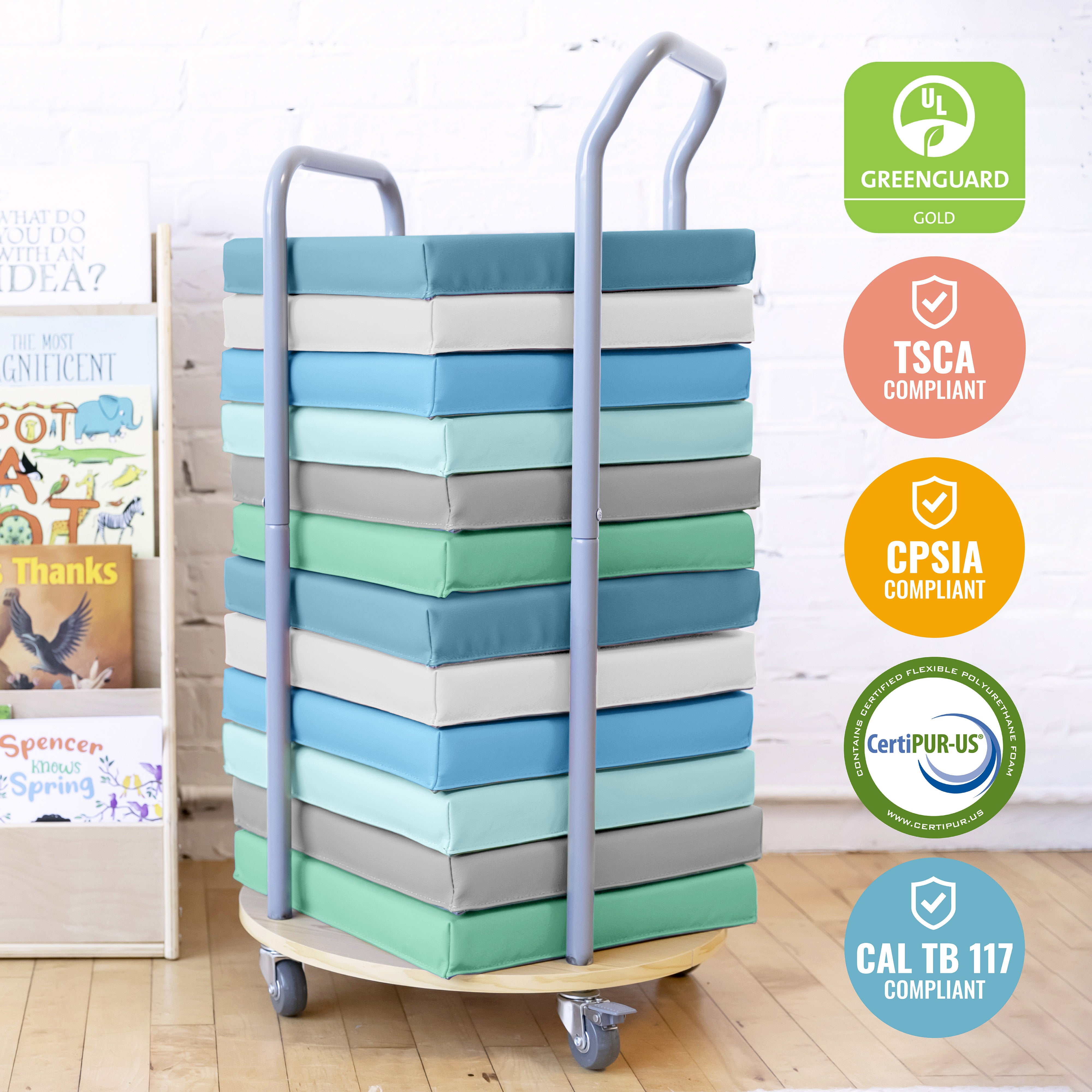 Square Floor Cushions and Mobile Cushion Cart, 12-Piece