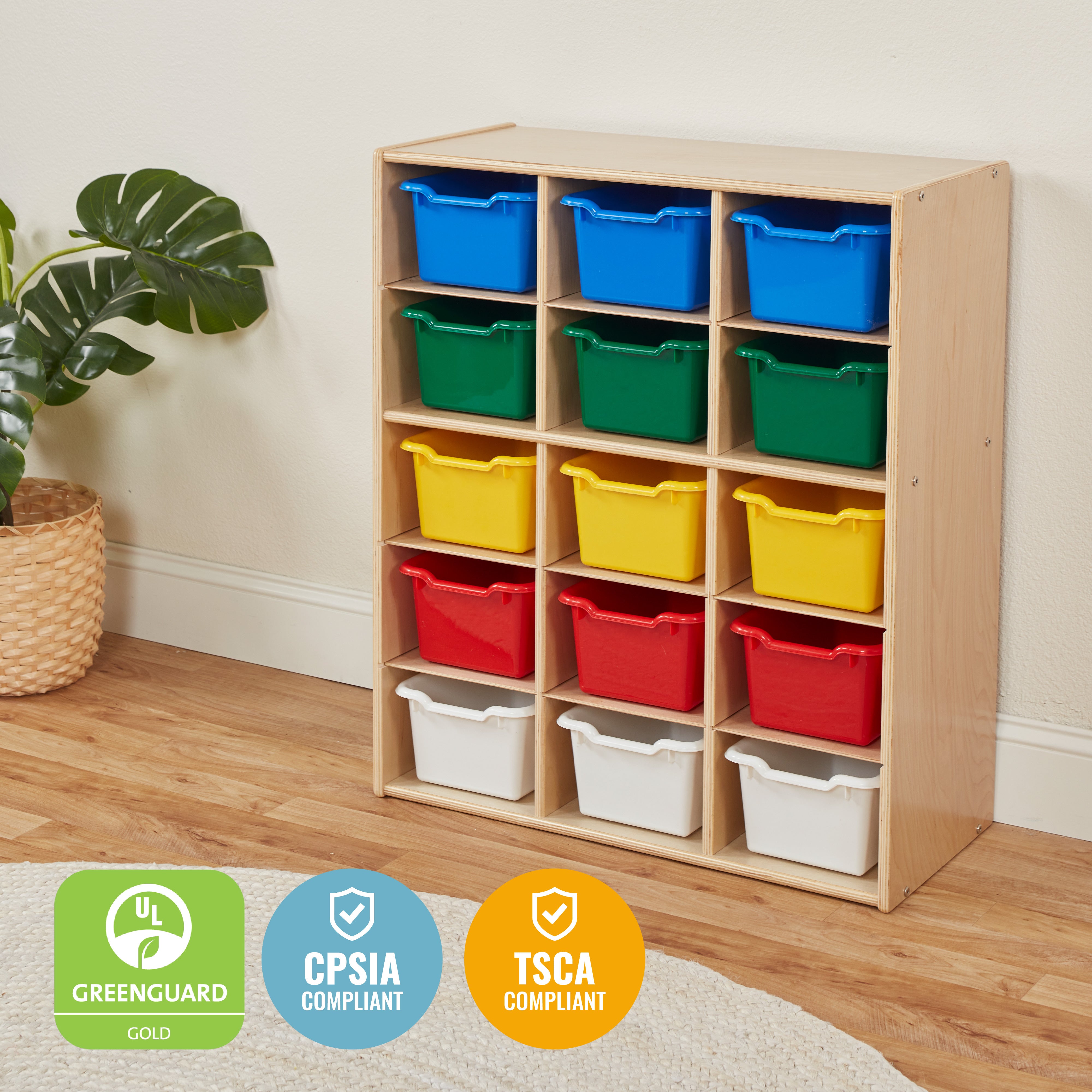 Streamline 15 Cubby Tray Cabinet with 15 Scoop Front Storage Bins, 5x3, Natural