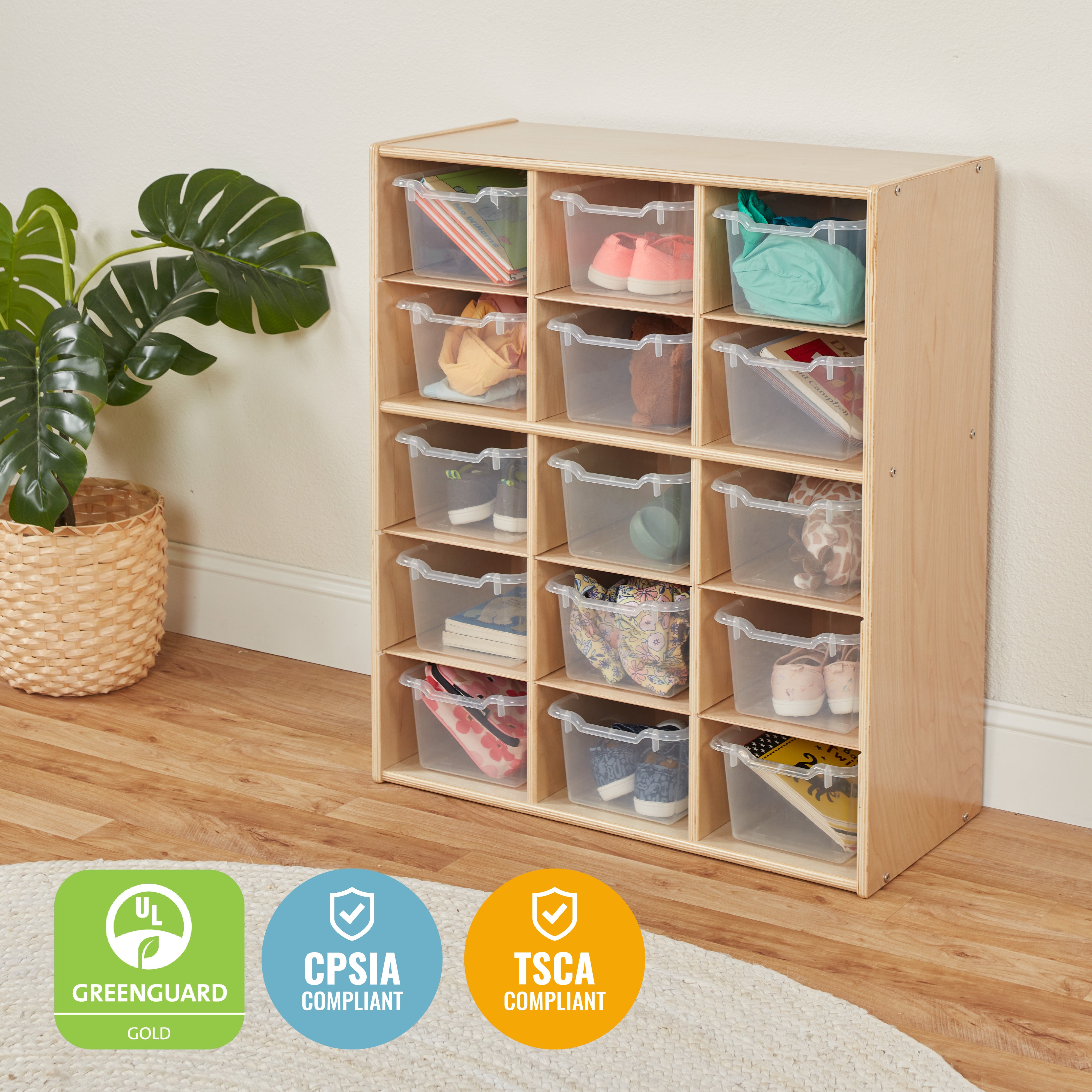 Streamline 15 Cubby Tray Cabinet with 15 Scoop Front Storage Bins, 5x3, Natural