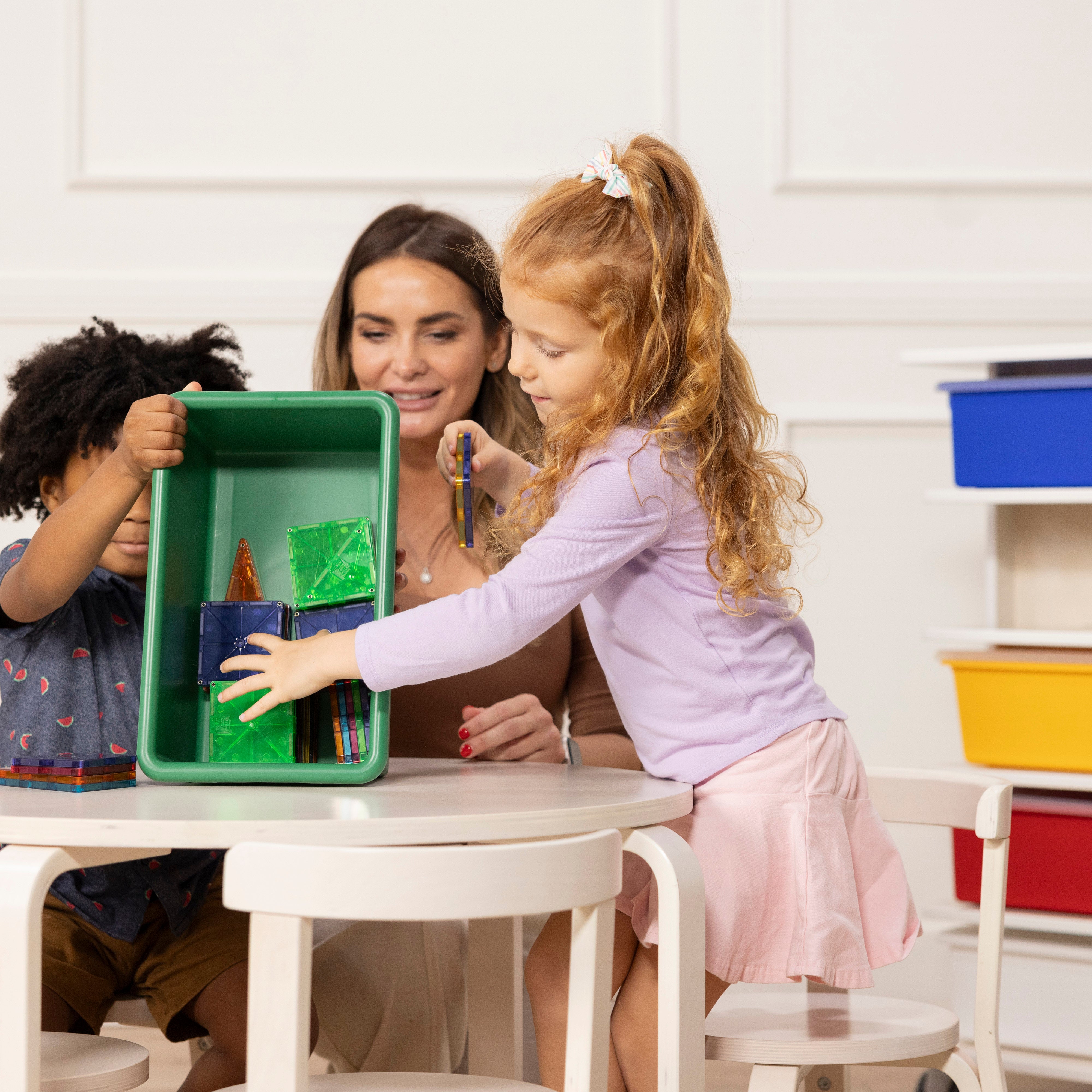 20-Compartment Mobile Storage Tower with Cubby Bins with Lids, 5x4, White Wash, Classroom Furniture