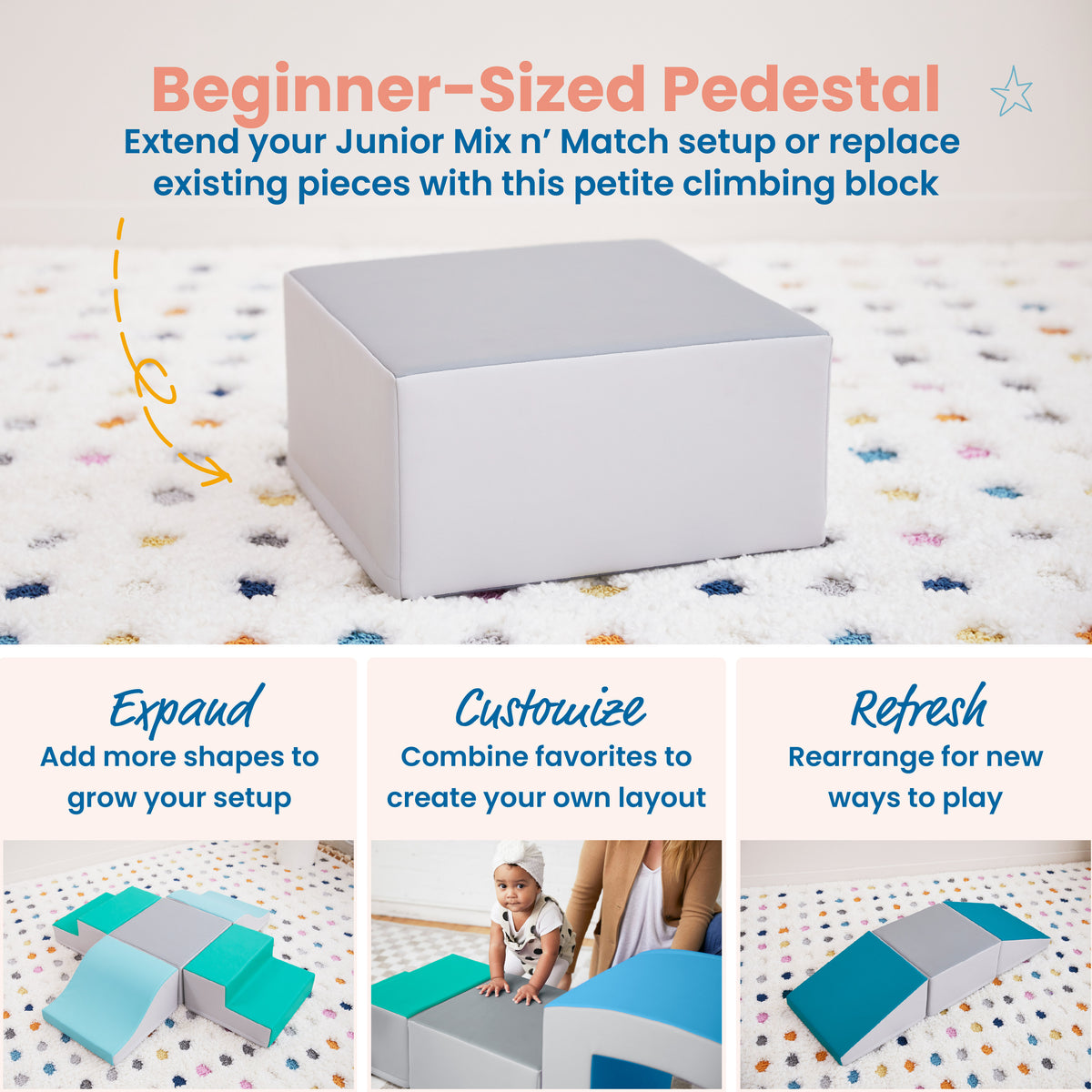 Toddler crawling on modular foam climbing blocks with turquoise and blue padded tops.