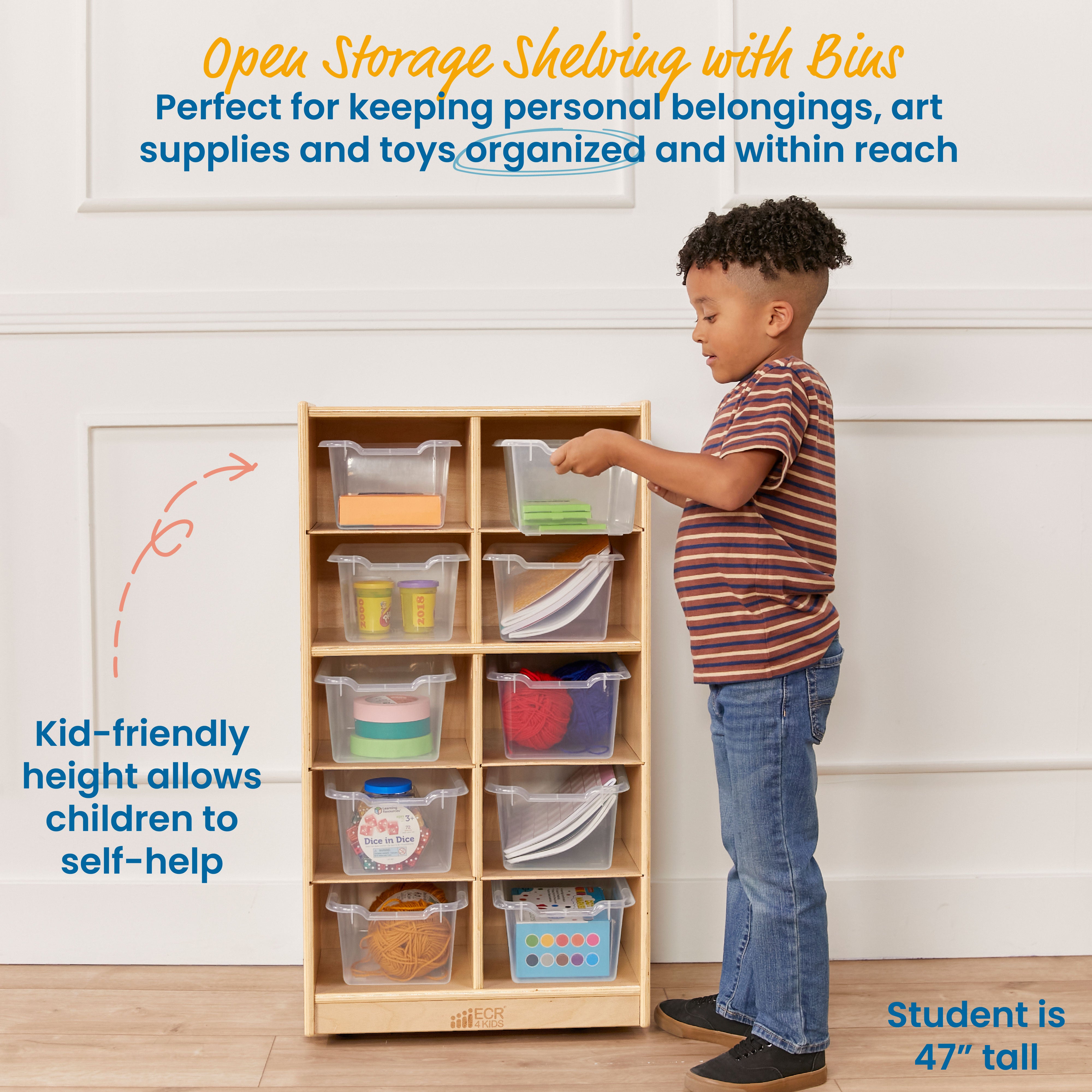 10 Cubby Mobile Tray Cabinet with 10 Scoop Front Storage Bins, 5x2, Natural