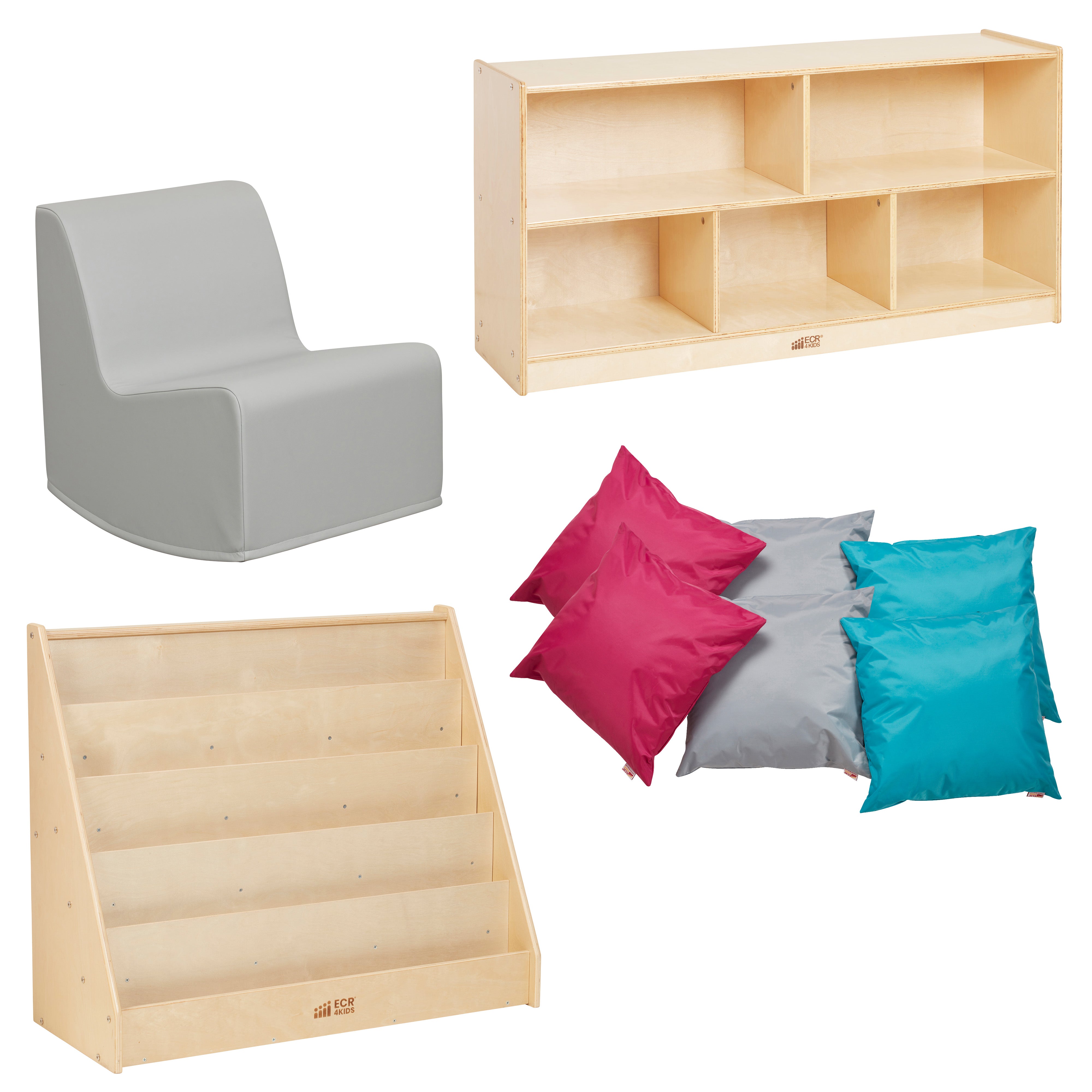 Toddler Cozy Reading Corner Package with Floor Pillows, Book Display, Storage Cabinet and Rocking Chair