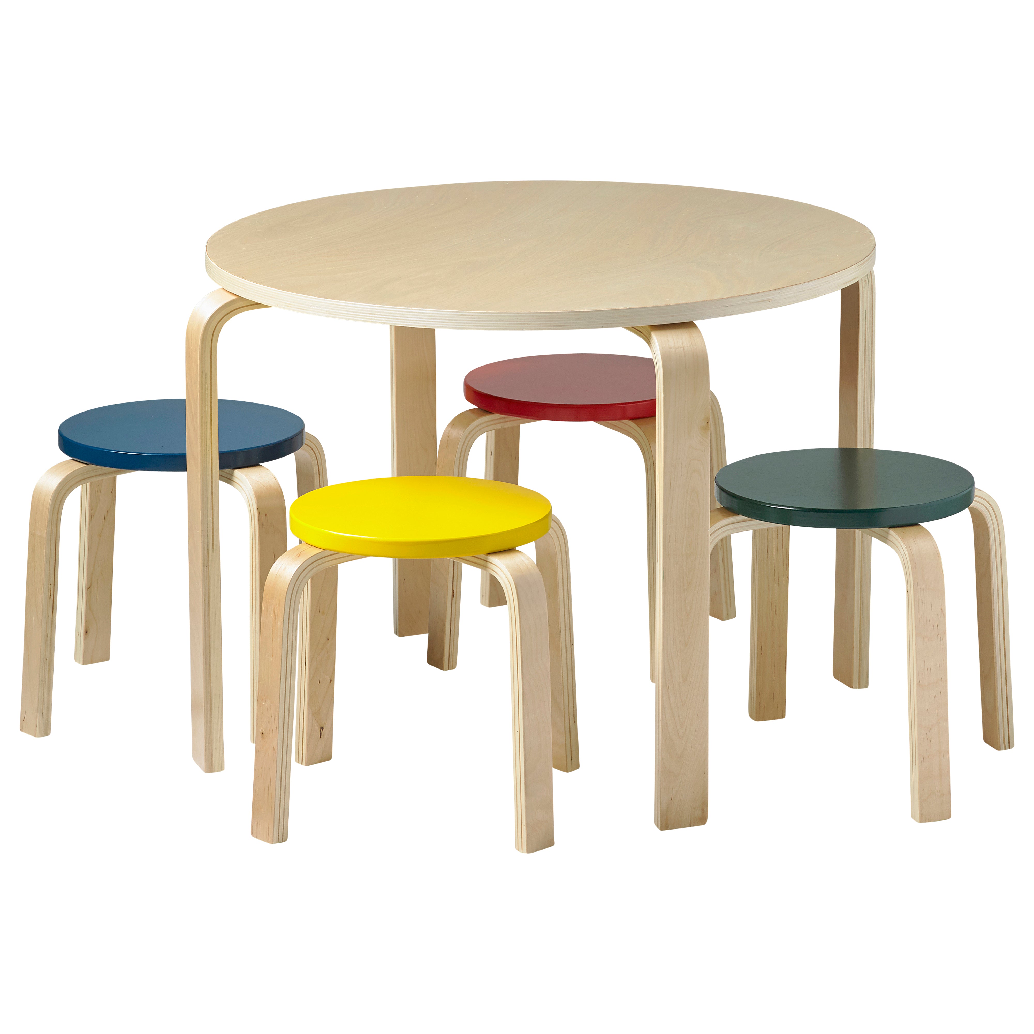 Round Bentwood Table and Four Stools, 12in Seat Height, 5-Piece