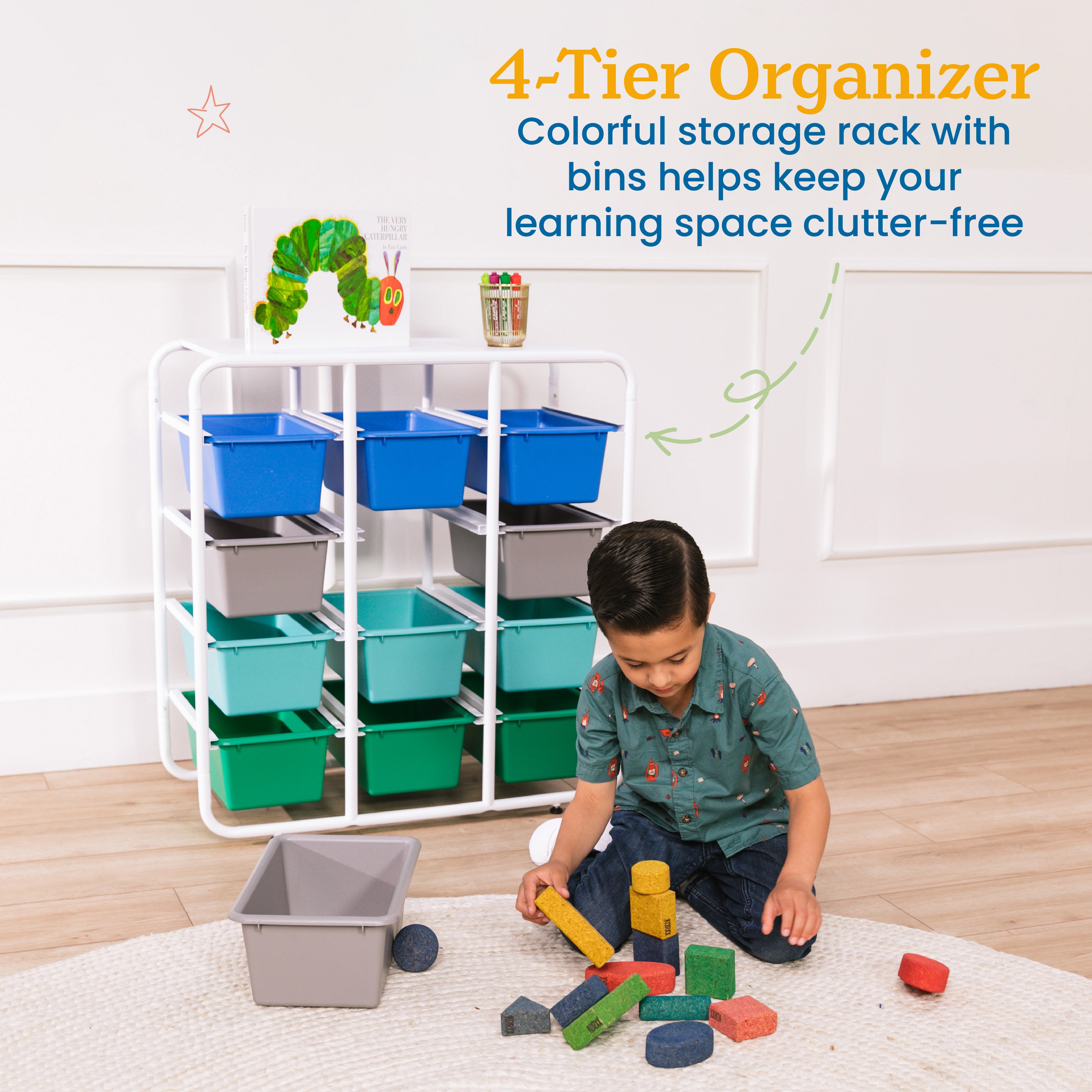 4-Tier Storage Rack with 12 Cubby Bins 4x3