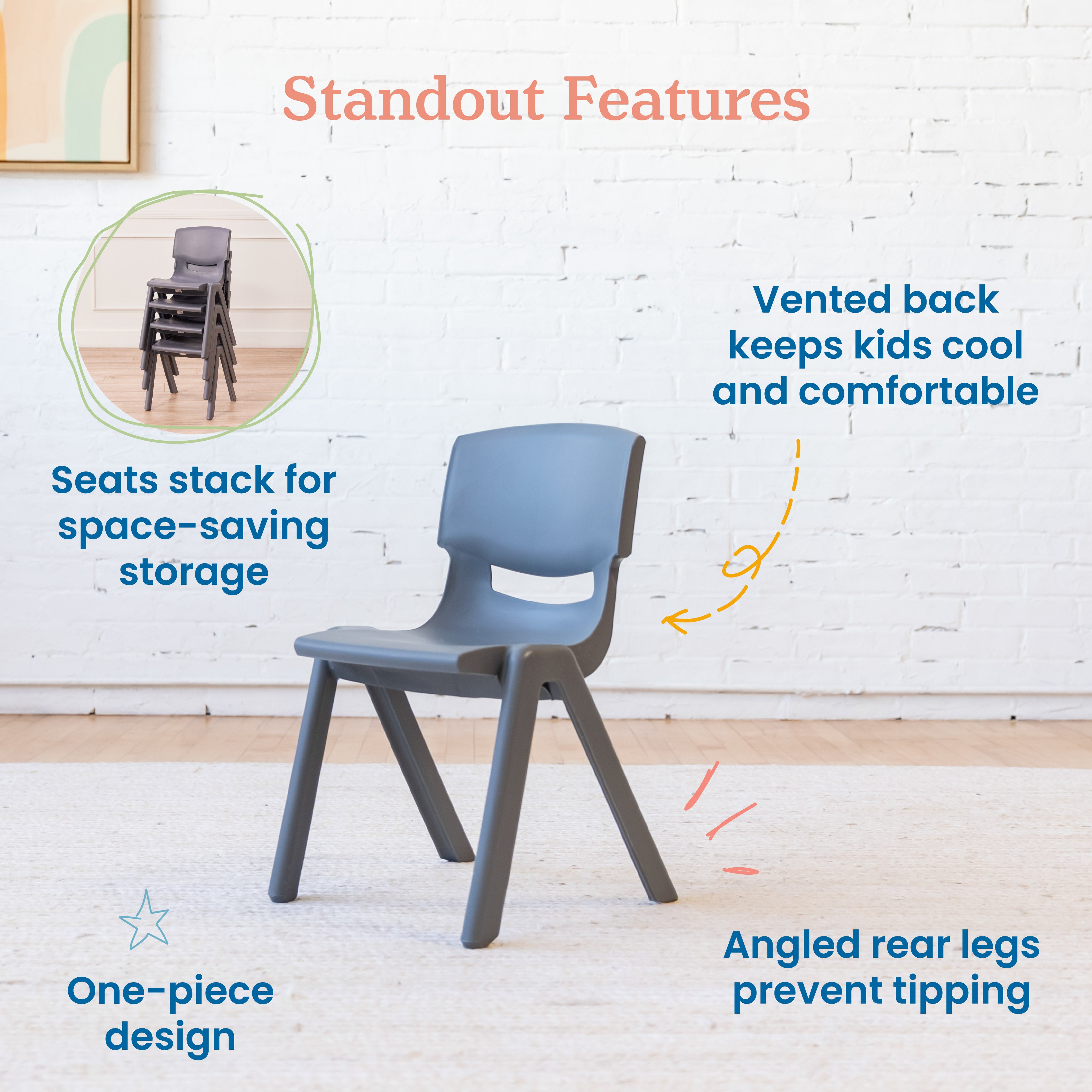 Plastic School Stack Chair for Indoors and Outdoors, Flexible Seating, 14in Seat Height, 4-Pack