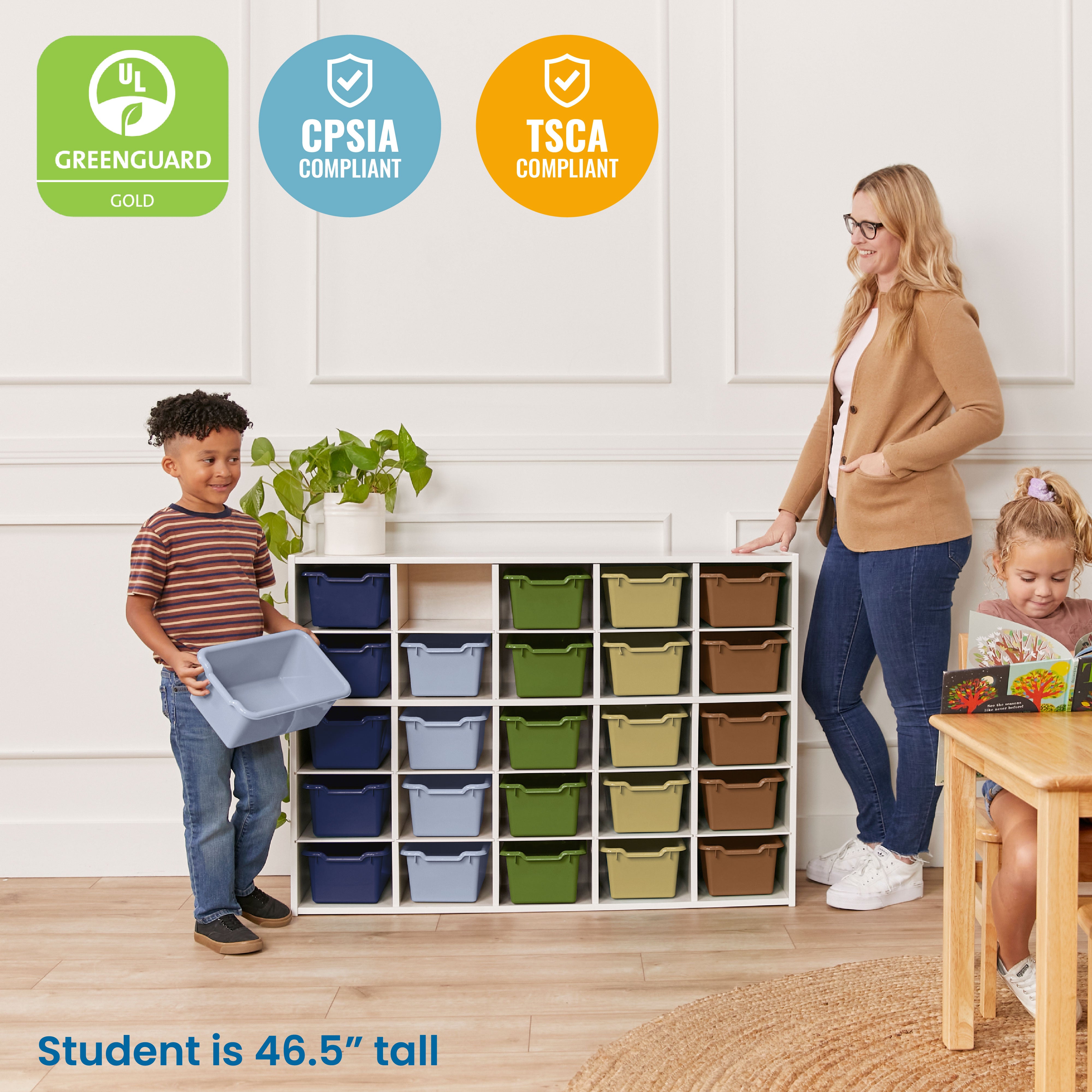 Streamline 25 Cubby Tray Cabinet with 25 Scoop Front Storage Bins, 5x5, White Wash