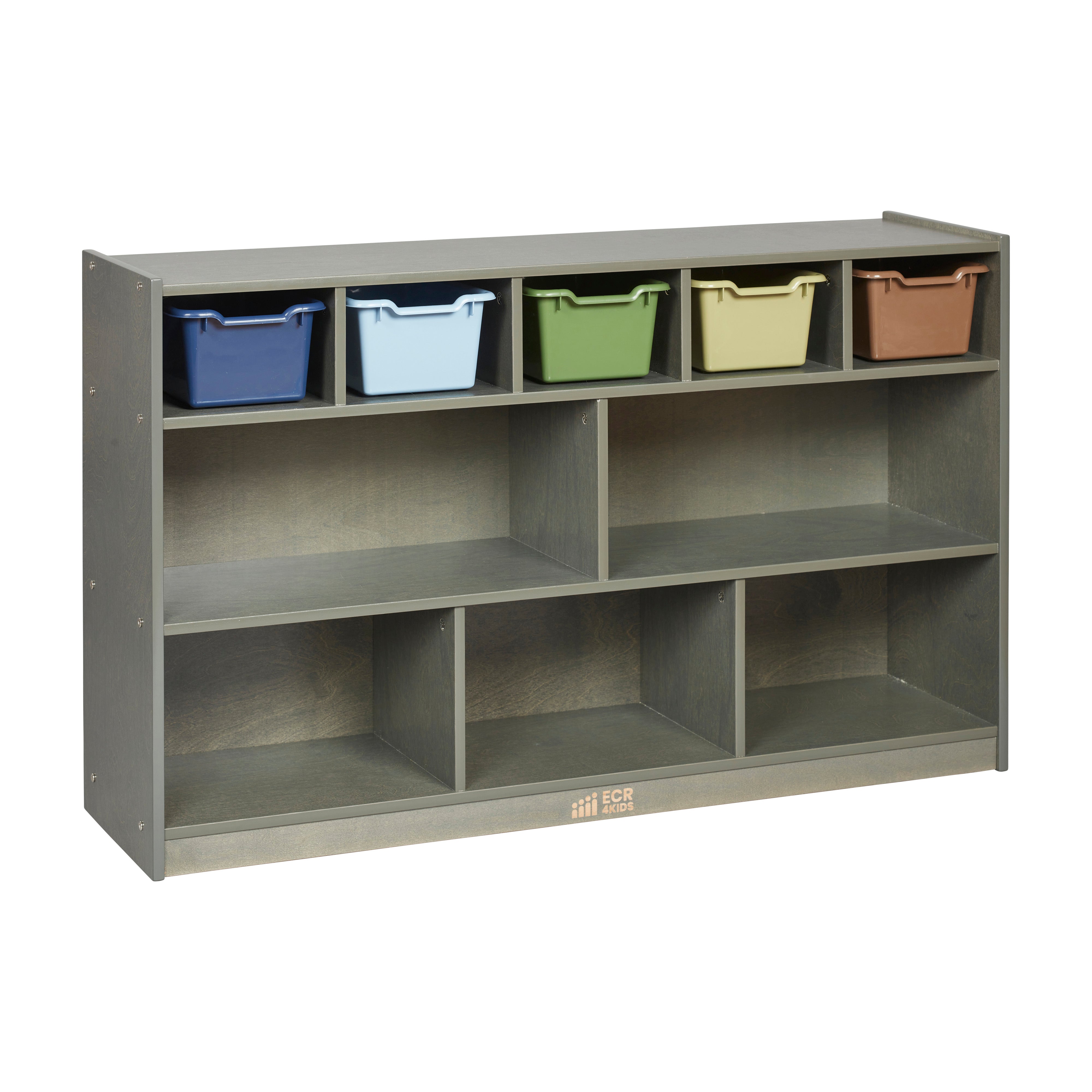 5+5 Mobile Storage and Tray Cabinet with 5 Scoop Front Bins, Grey Wash, Classroom Furniture