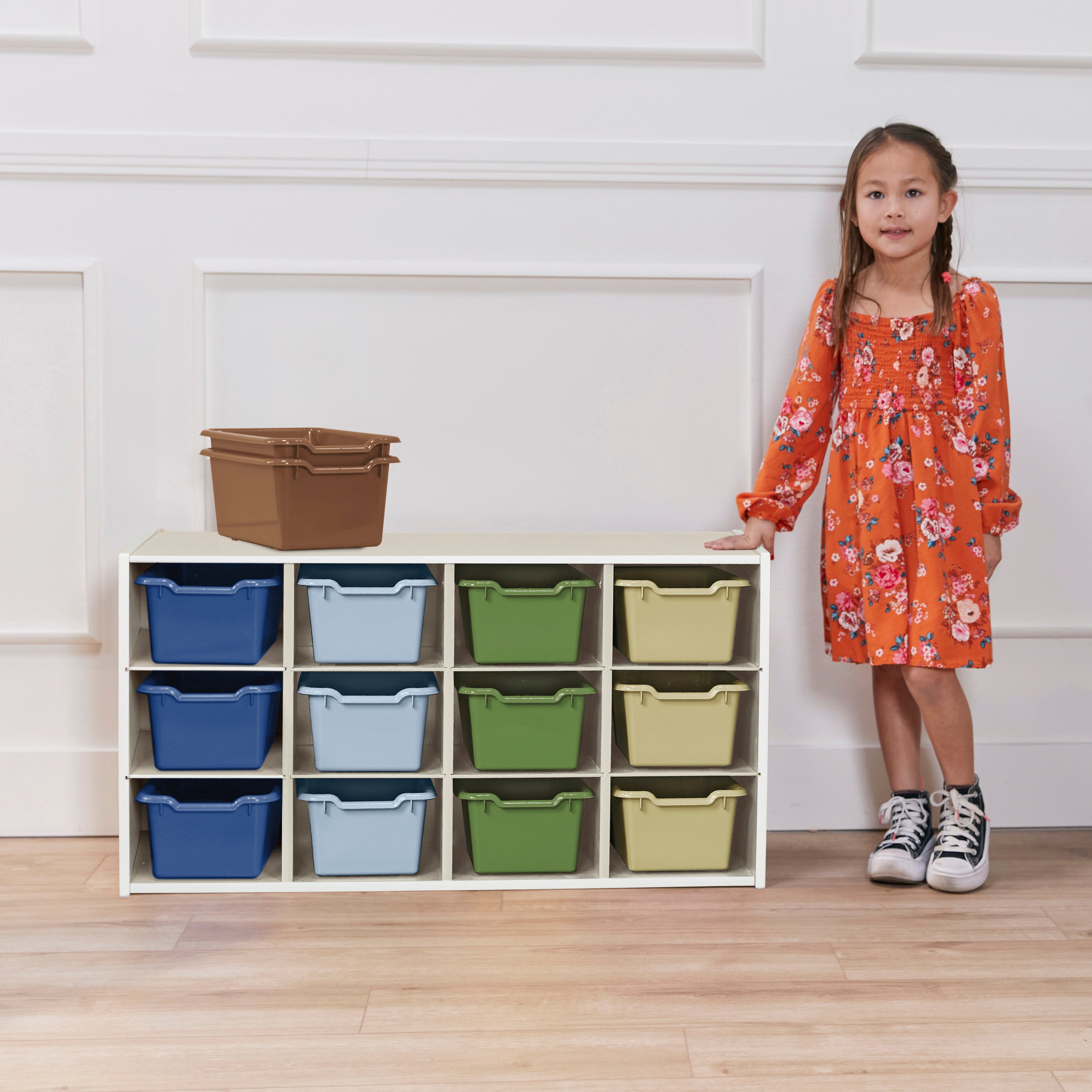 Streamline 12 Cubby Tray Cabinet with 15 Scoop Front Storage Bins, 3x4, White Wash