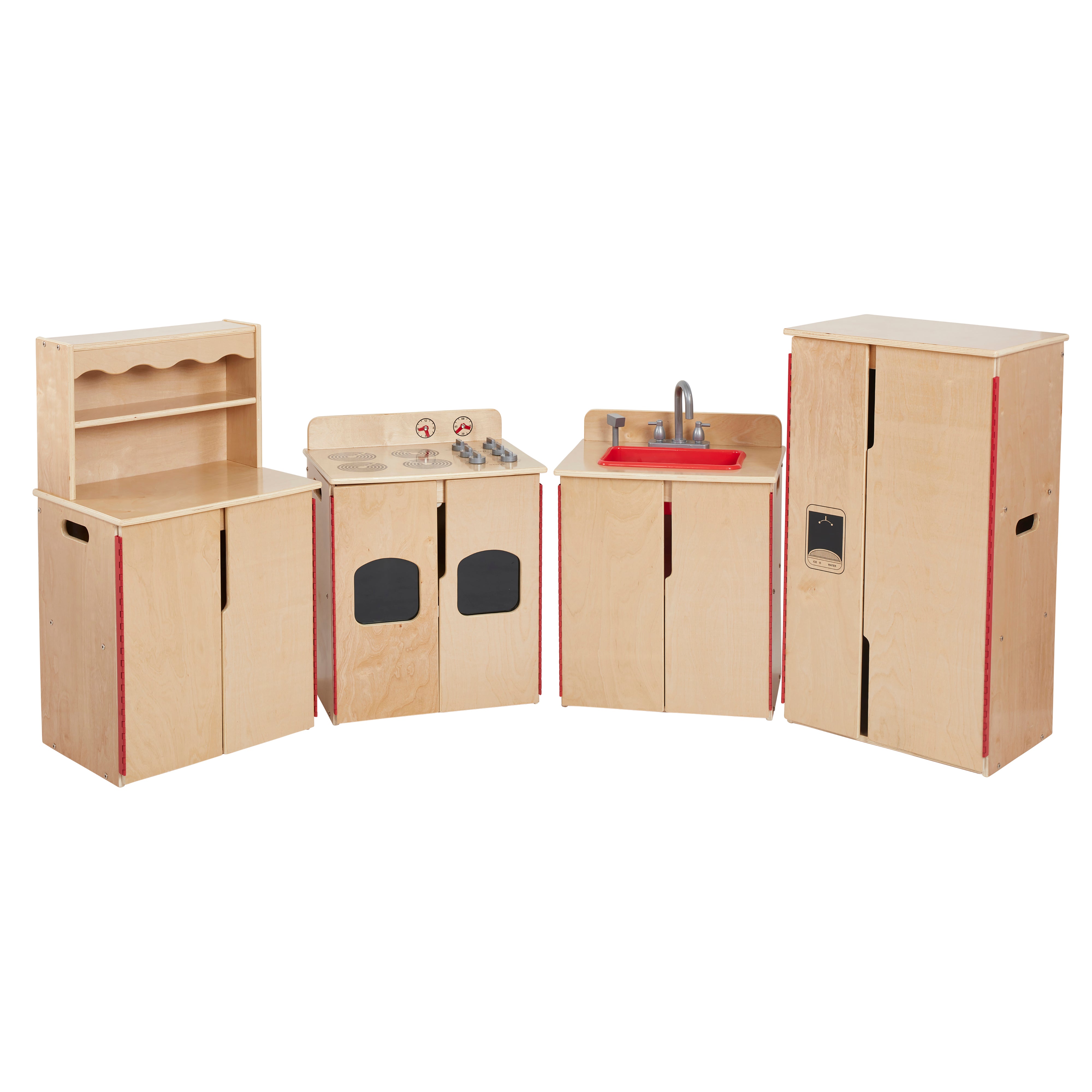Kitchen Cupboard, Stove, Sink, and Refrigerator for Kids, Wooden, 4-Piece