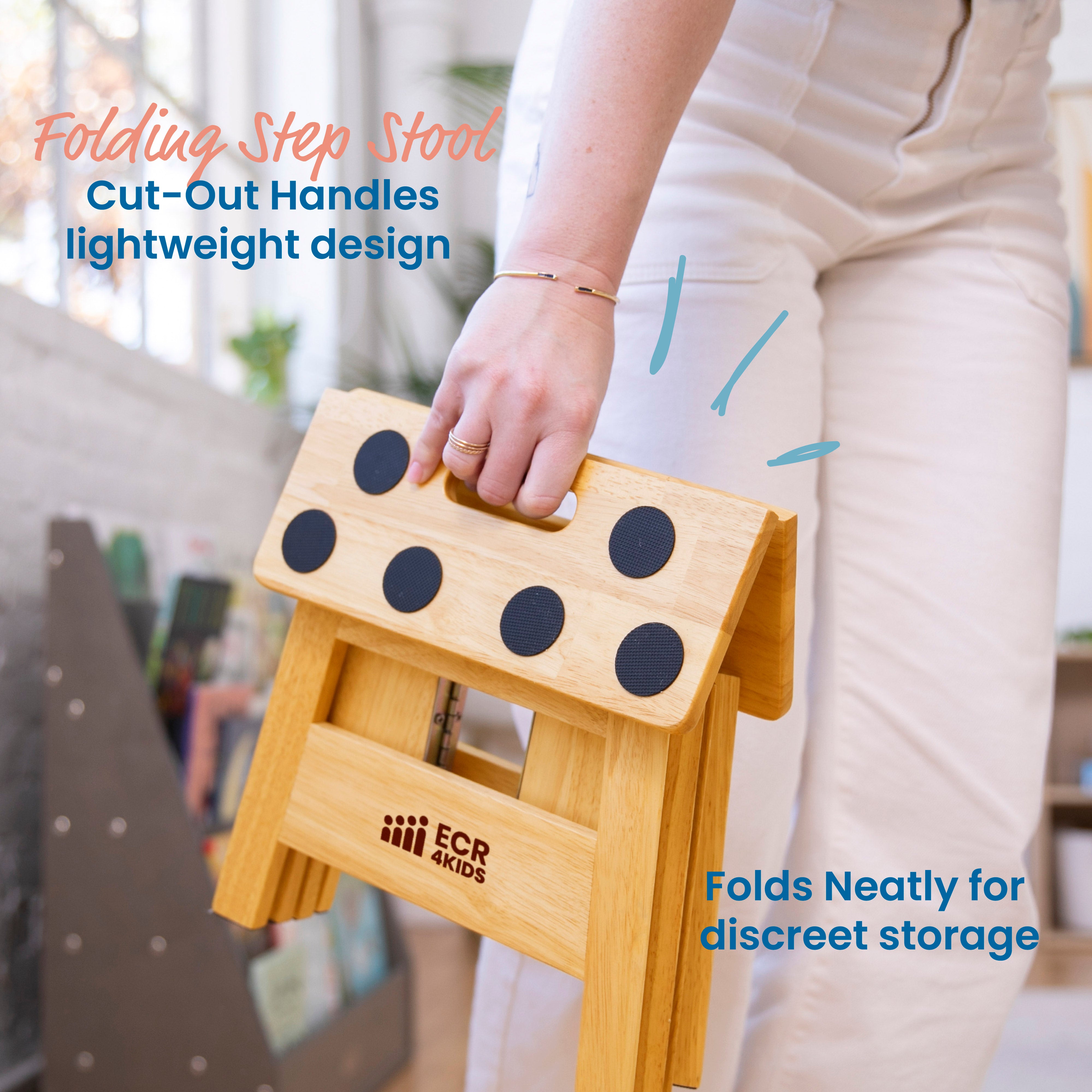 Folding Step Stool with Handle, Kids Furniture, Natural