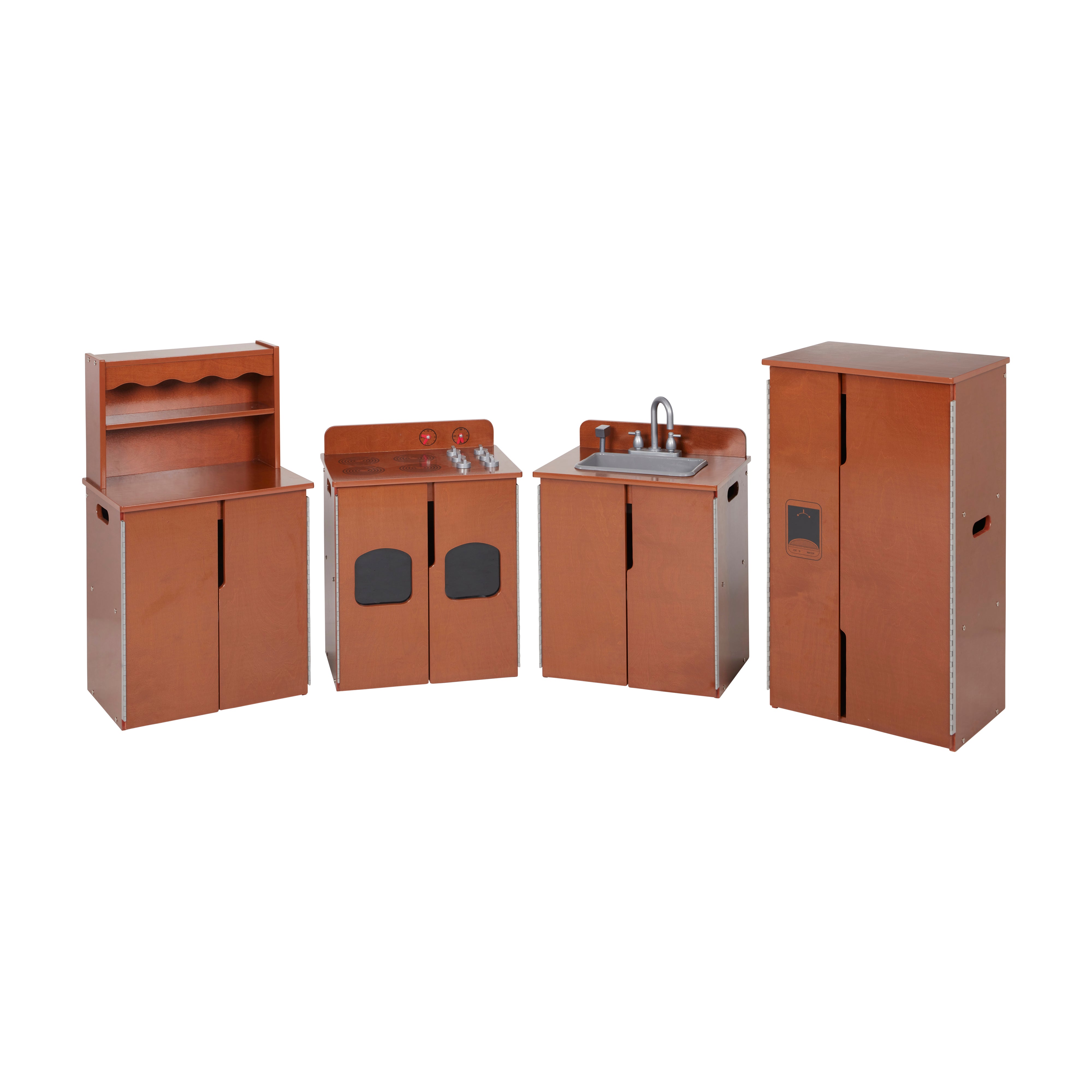 Kitchen Cupboard, Stove, Sink, and Refrigerator for Kids, Wooden, 4-Piece