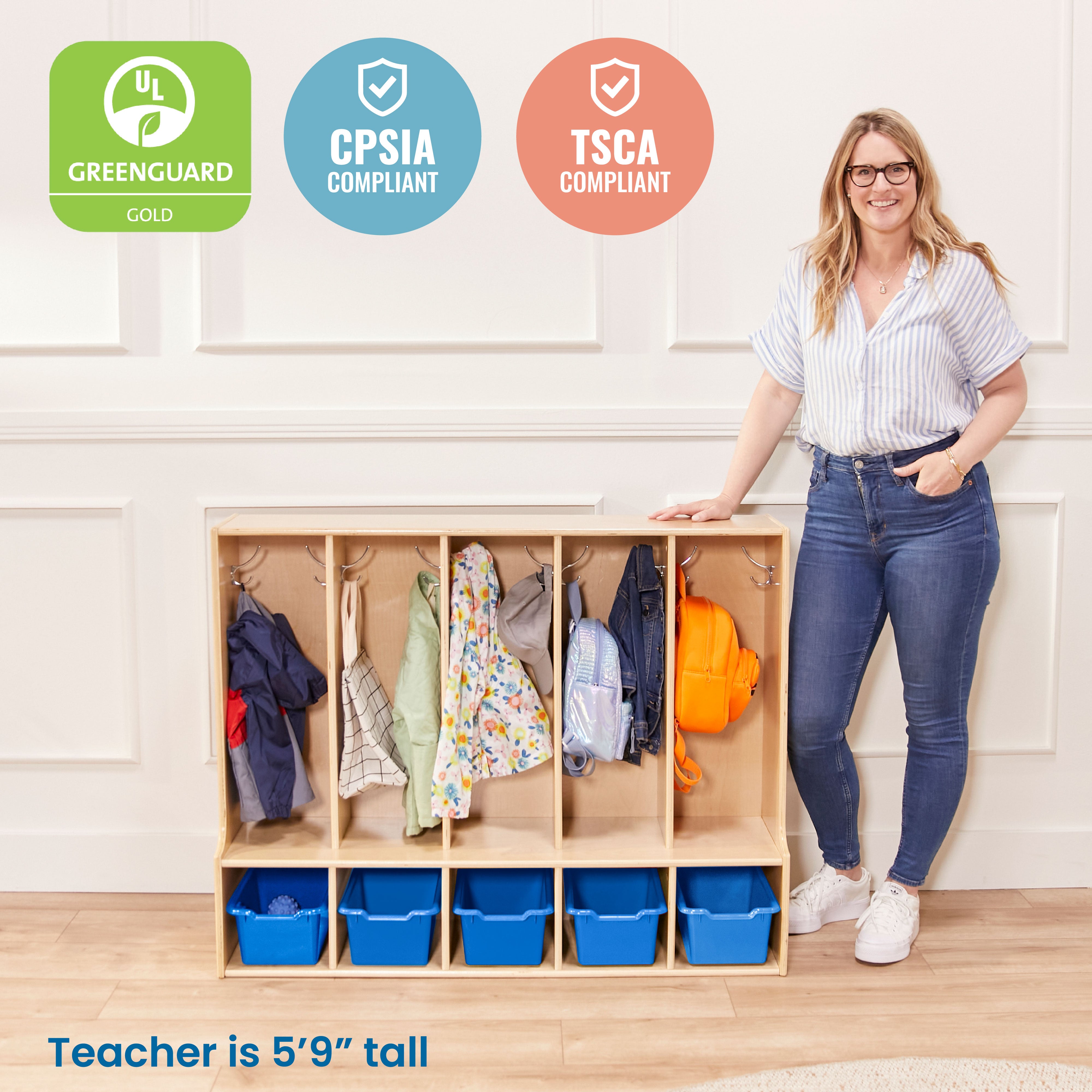 Streamline 5-Section Toddler Coat Locker with Bench and Bins