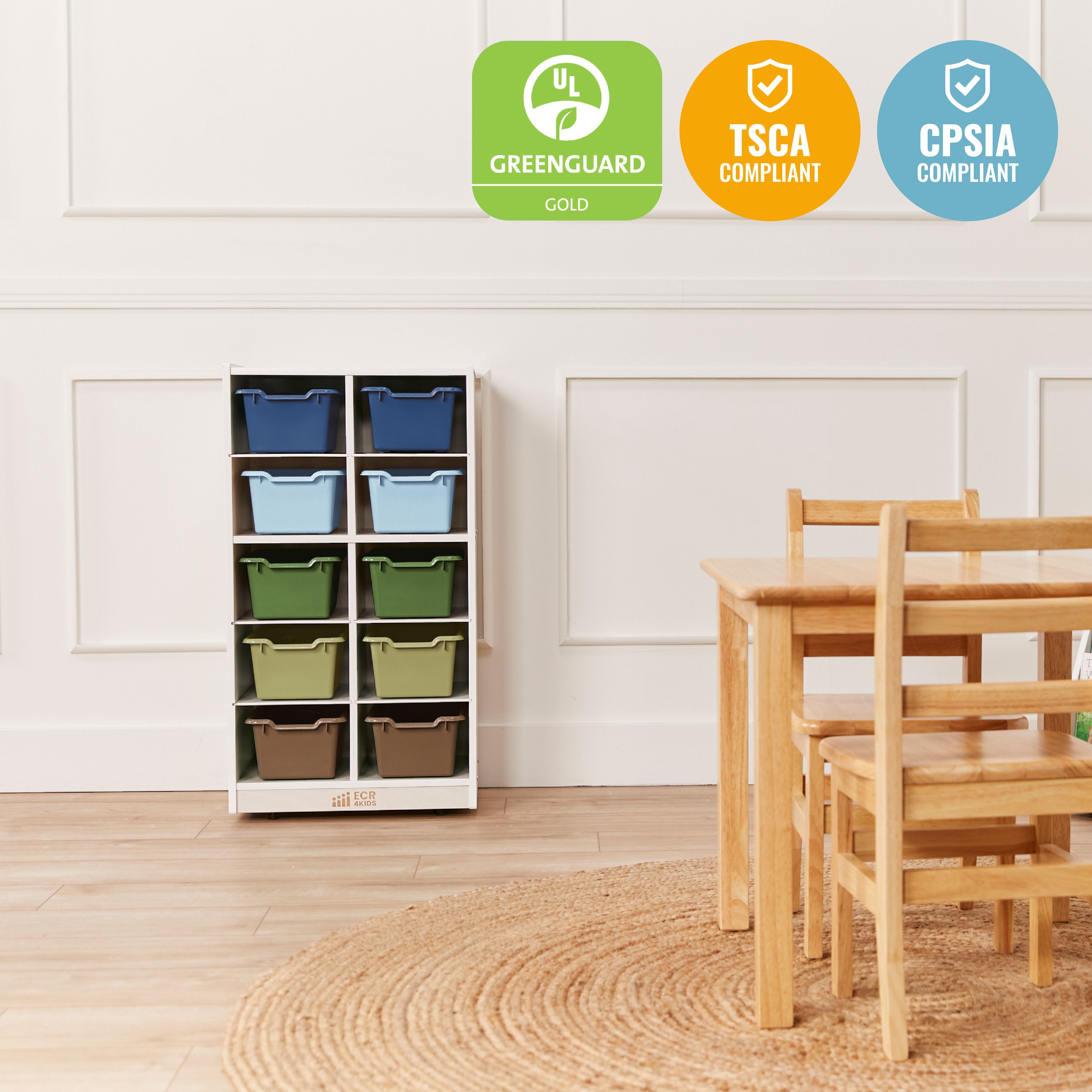 10 Cubby Mobile Tray Cabinet with 10 Scoop Front Storage Bins, 5x2, White Wash