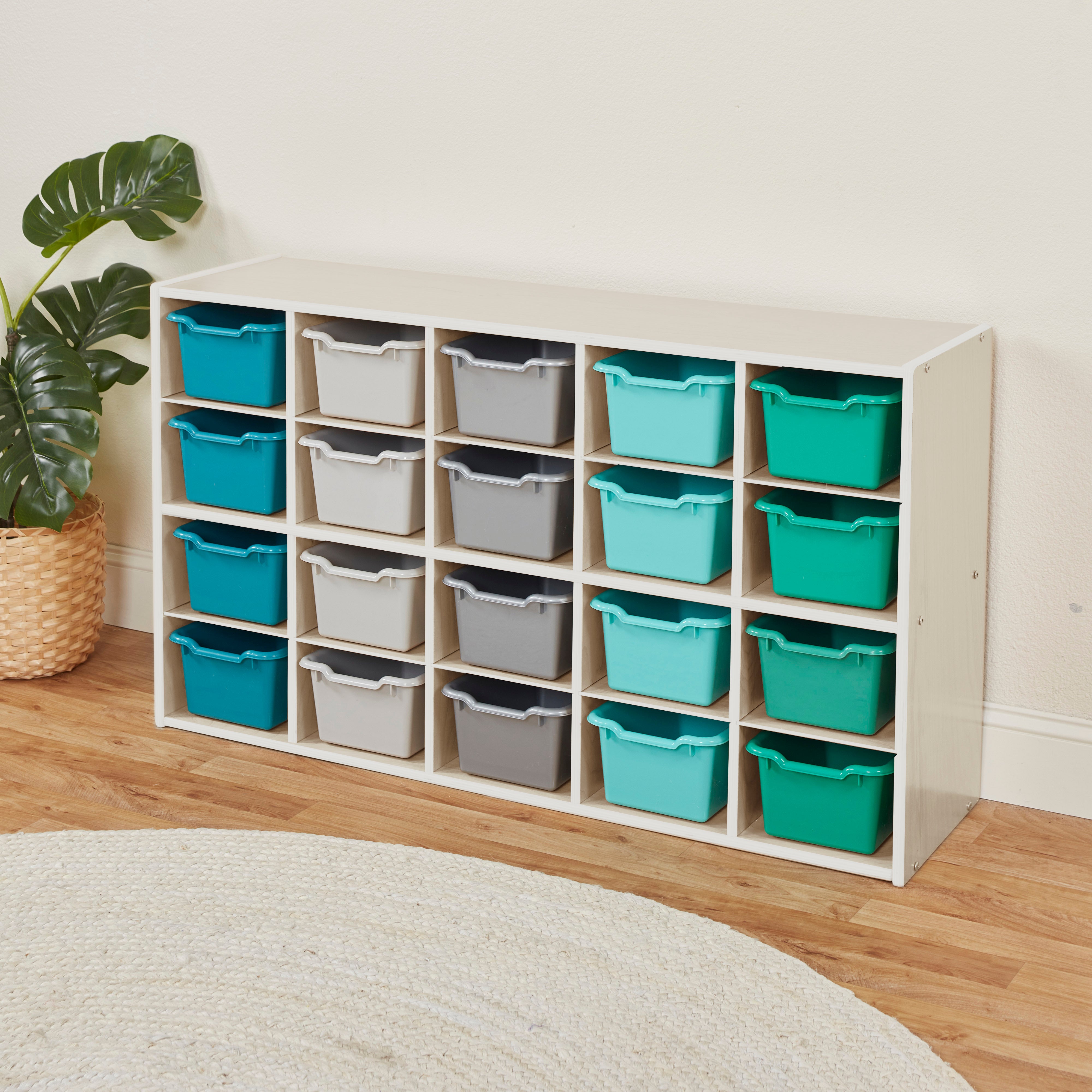 Streamline 20 Cubby Tray Storage Cabinet with 20 Scoop Front Storage Bins, 4x5, White Wash