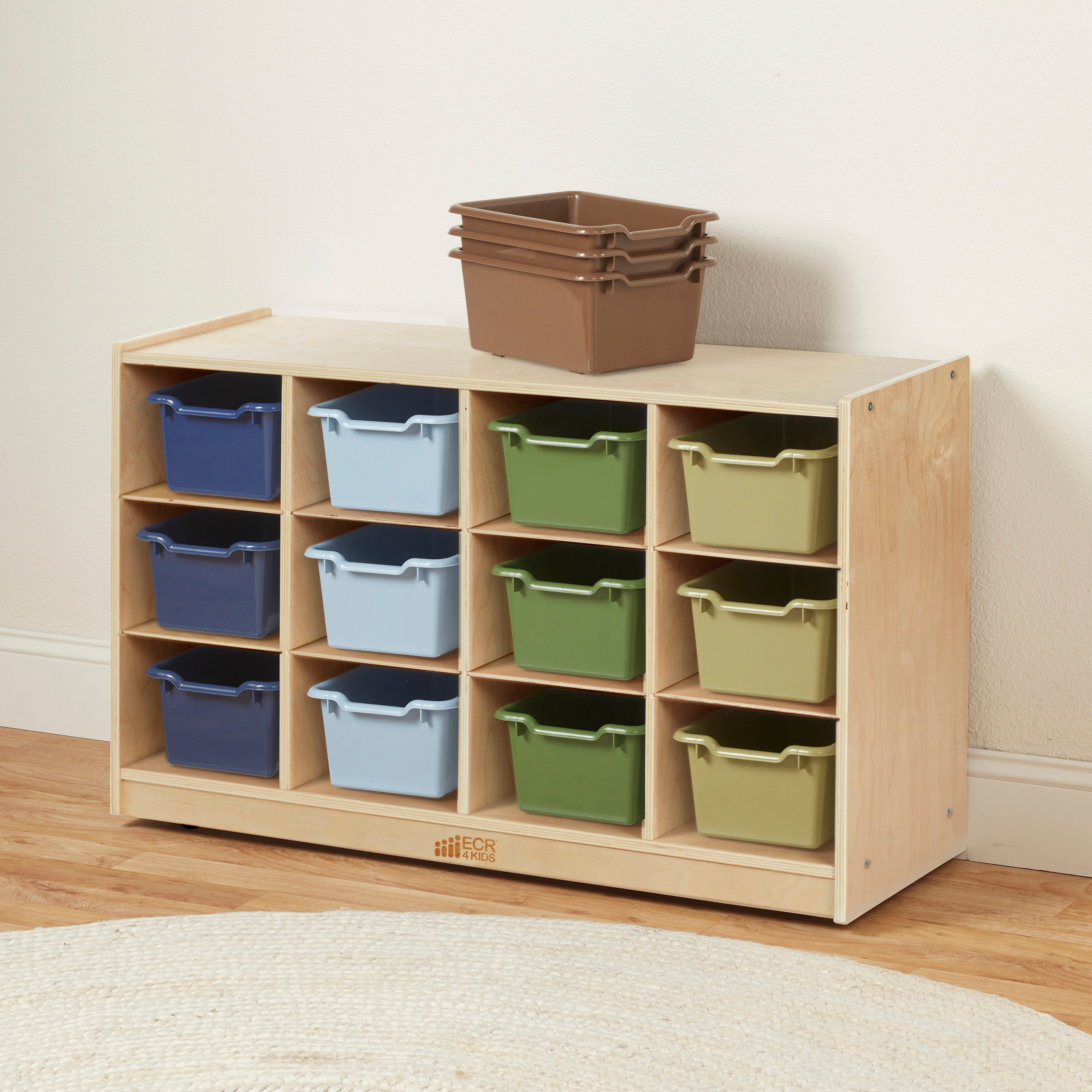 12 Cubby Mobile Tray Cabinet with 15 Scoop Front Storage Bins, 3x4, Natural