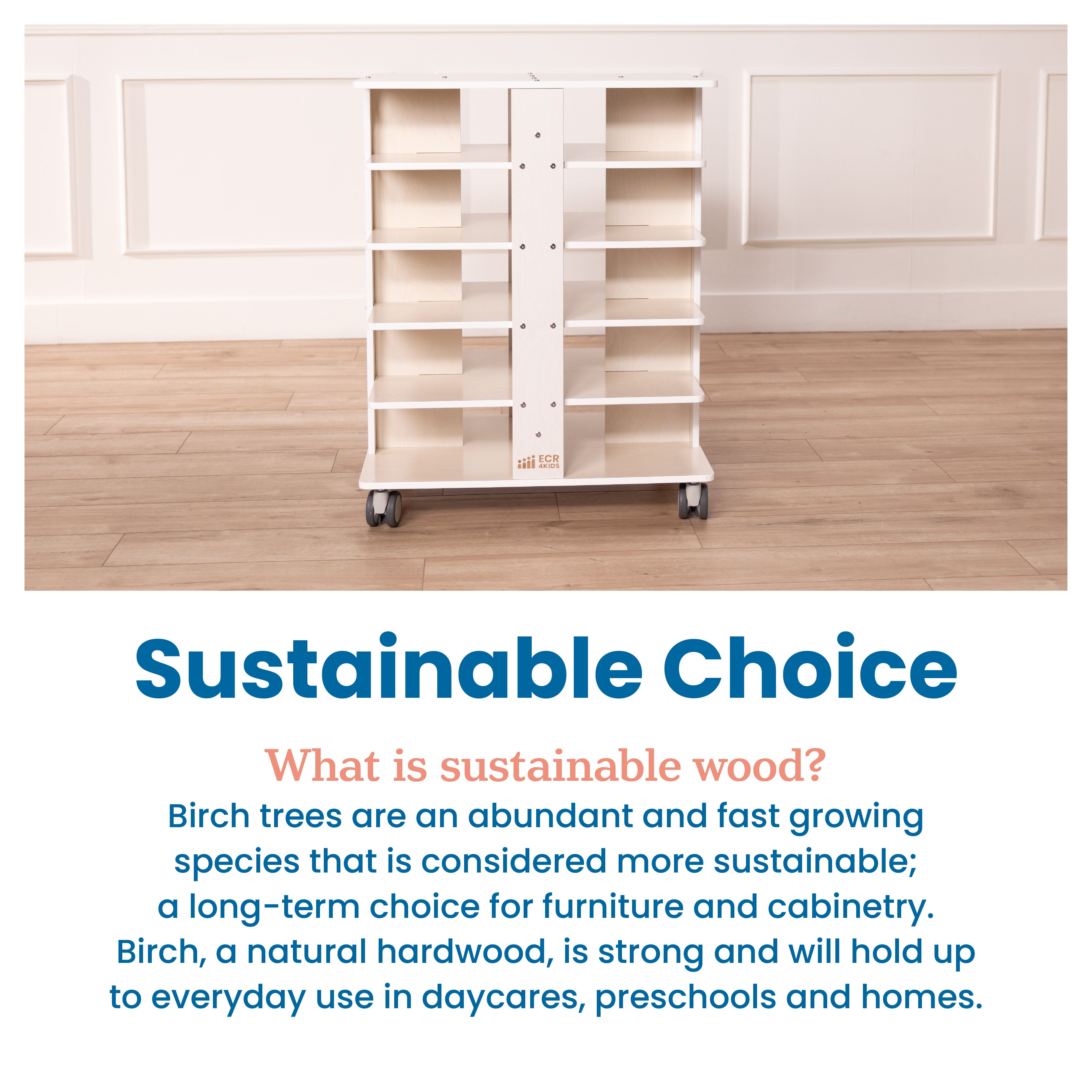 20-Compartment Mobile Storage Tower with Cubby Bins with Lids, 5x4, White Wash, Classroom Furniture