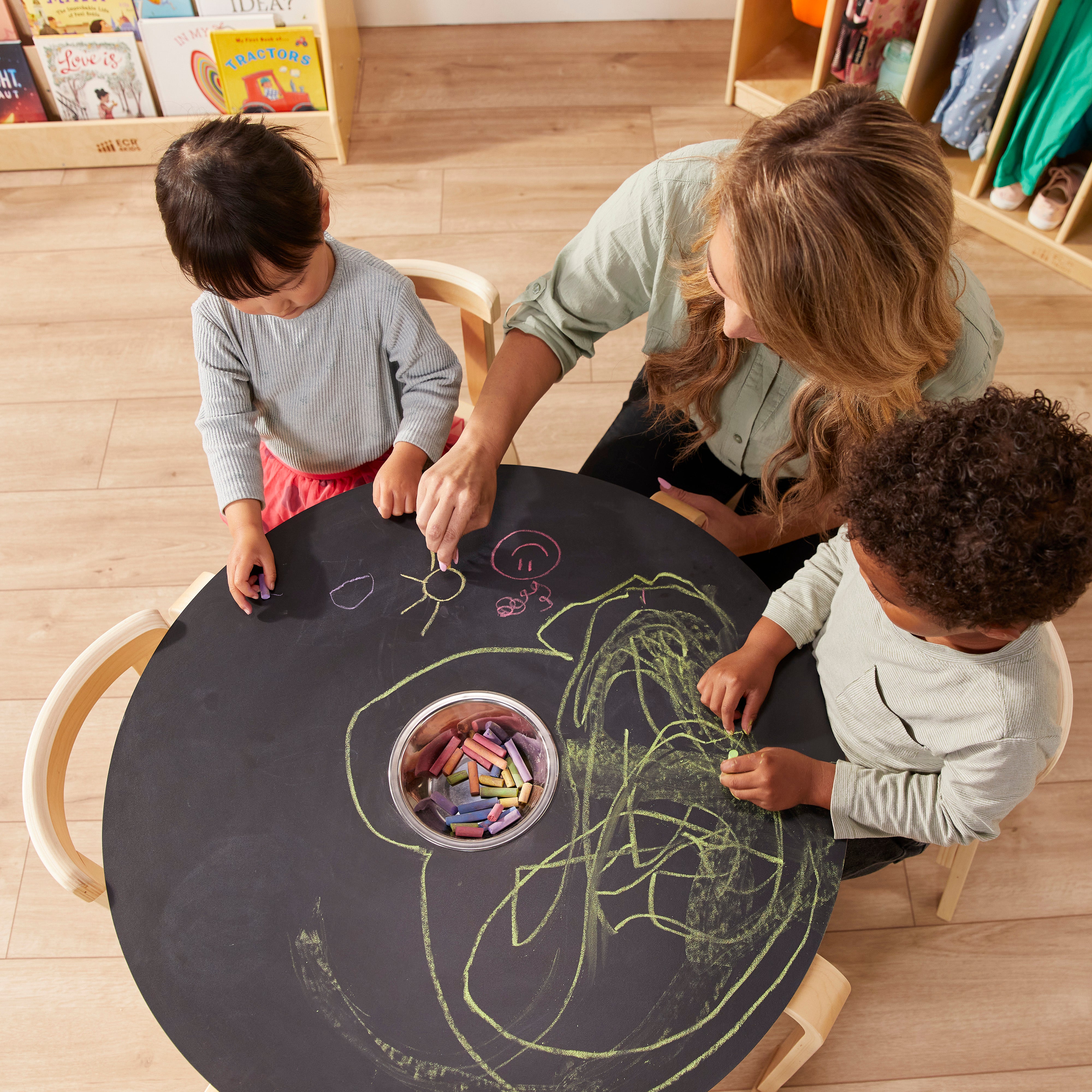 Bentwood Chalkboard Table and Curved Back Chair Set, Kids Furniture, Natural, 5-Piece