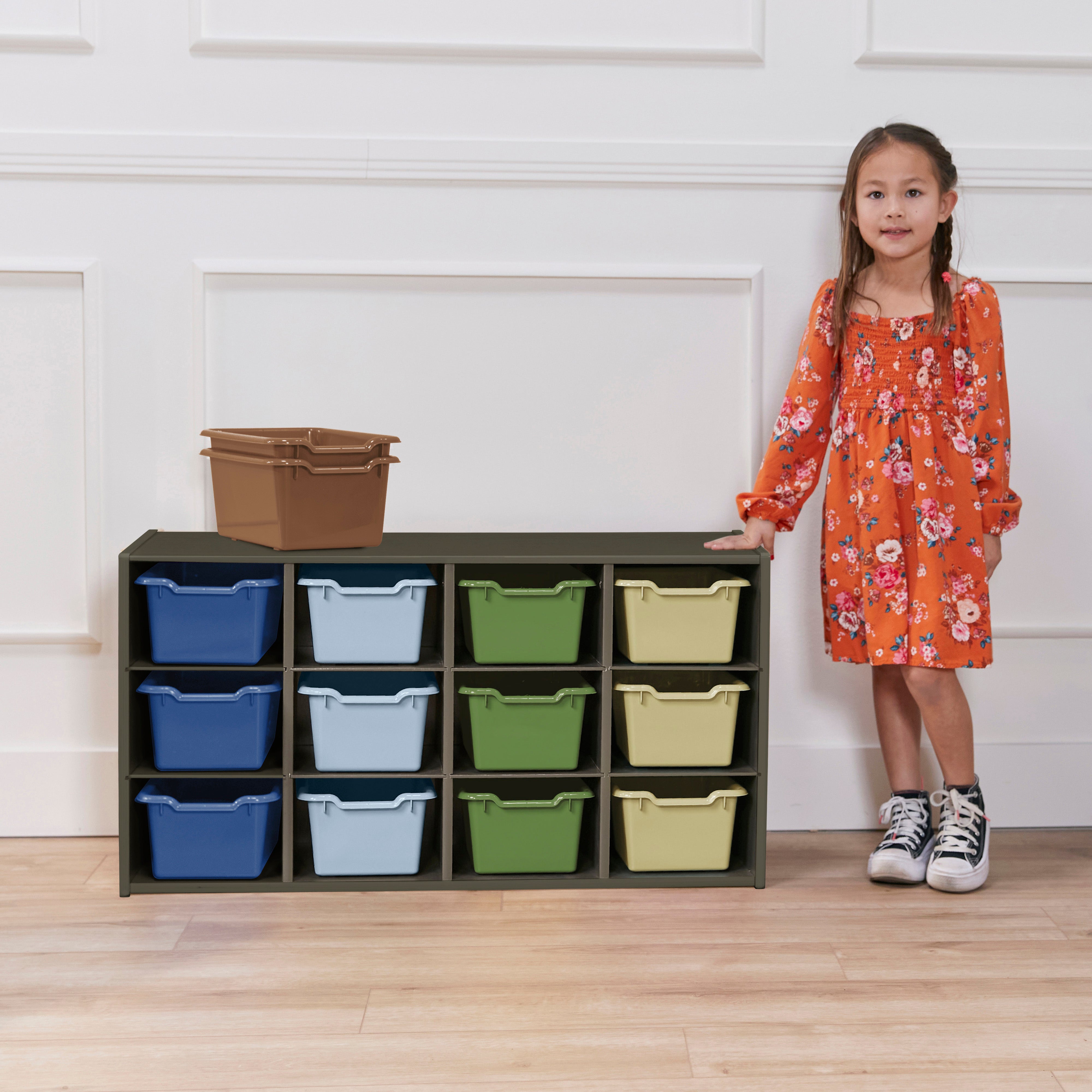 Streamline 12 Cubby Tray Cabinet with Scoop Front Storage Bins, 3x4, Grey Wash, Classroom Furniture