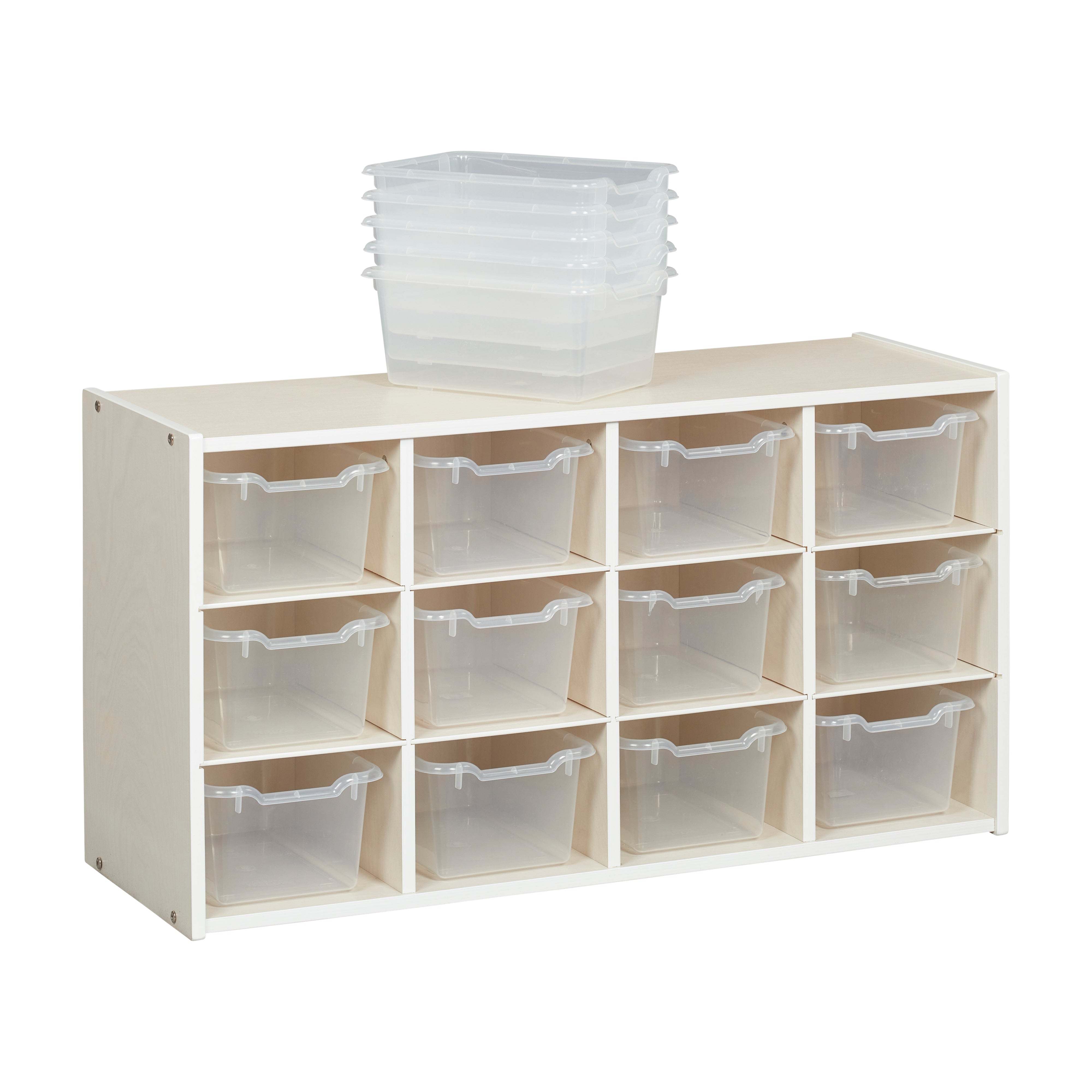 Streamline 12 Cubby Tray Cabinet with 15 Scoop Front Storage Bins, 3x4, White Wash