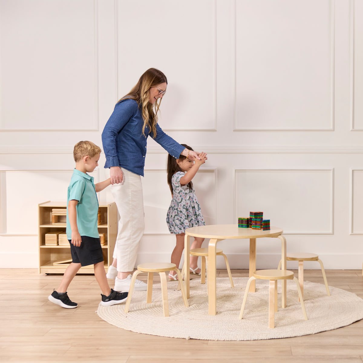 Round Bentwood Table and Four Stools, 12in Seat Height, 5-Piece