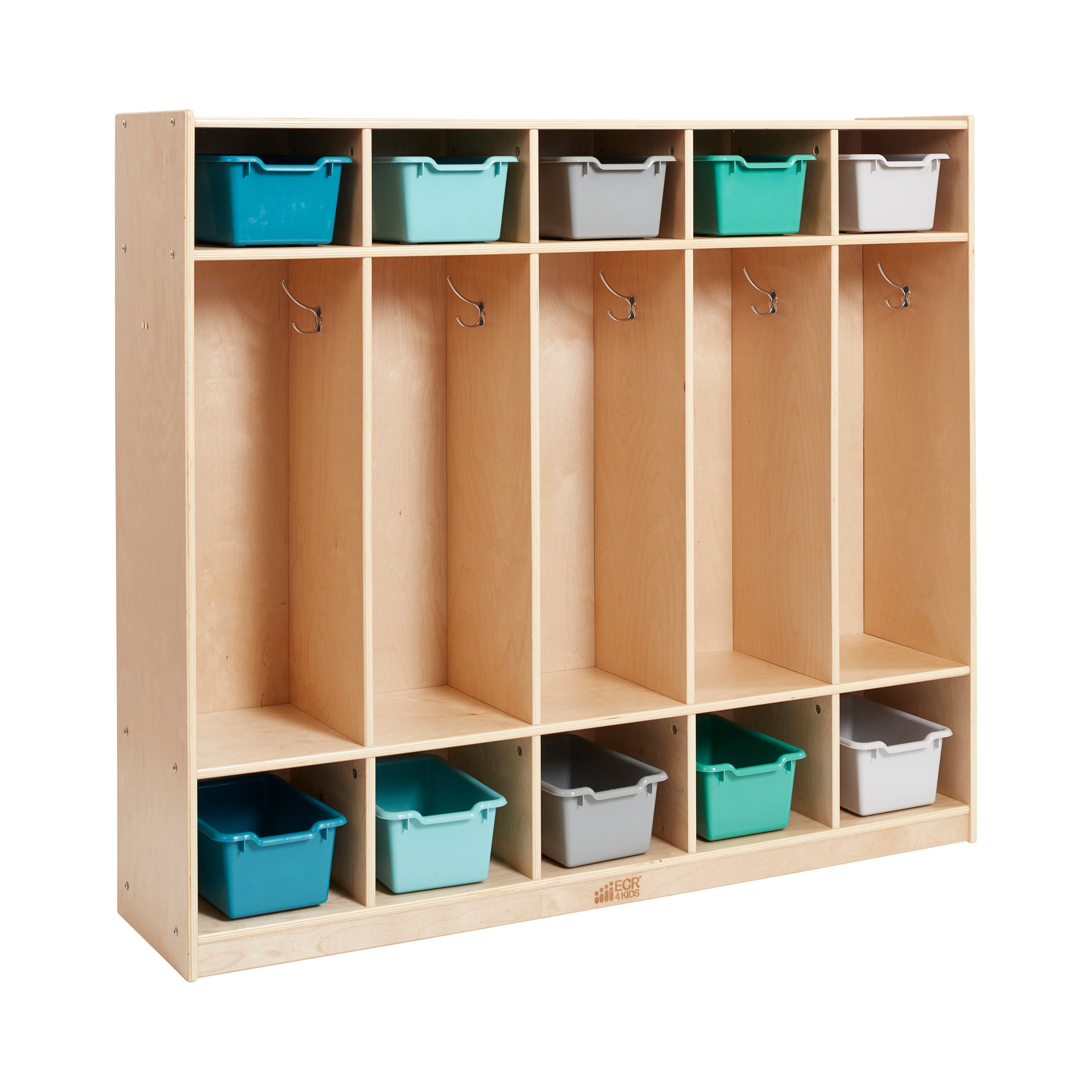 5-Section Coat Locker and Scoop Front Storage Bins, Natural