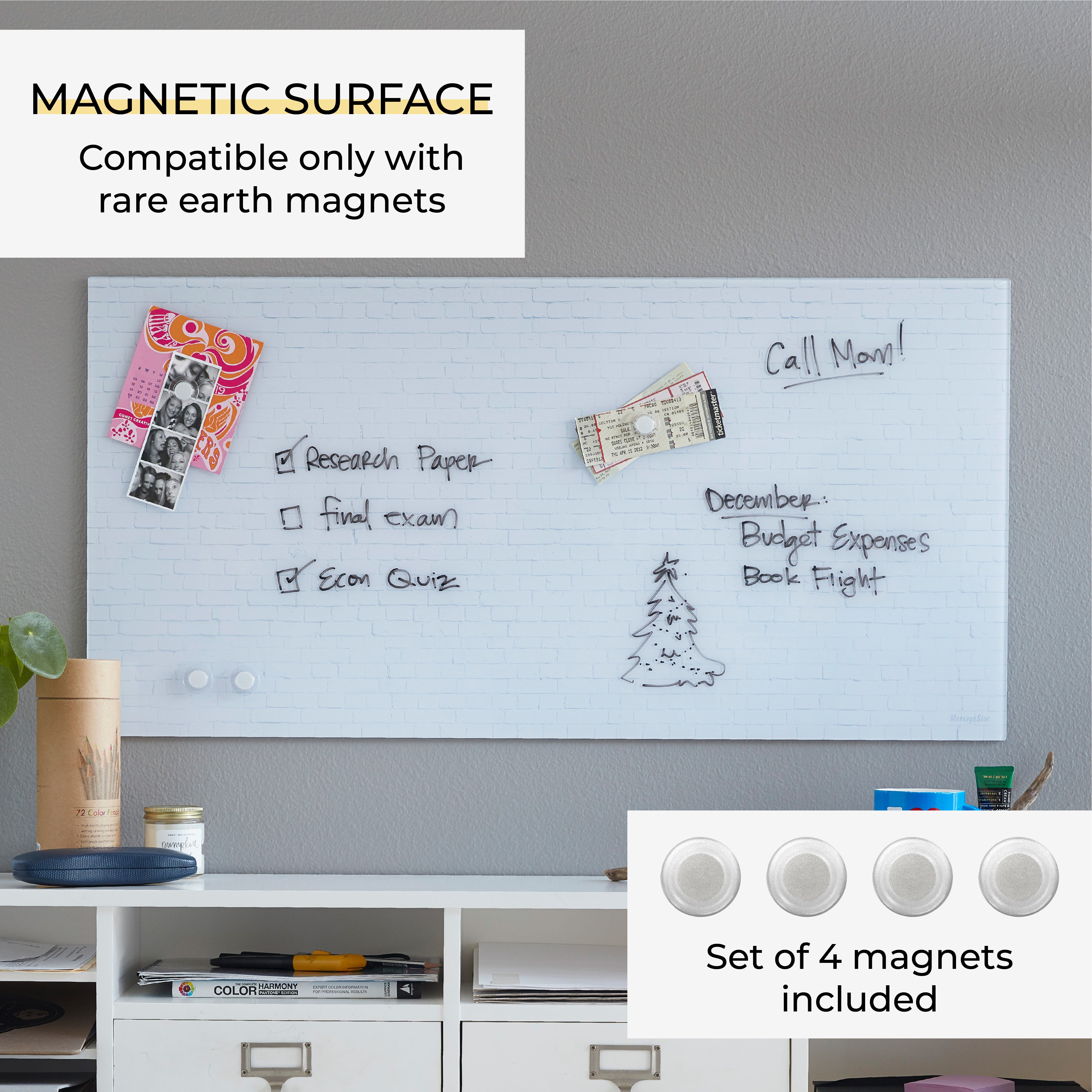 MessageStor Magnetic Dry-Erase Glass Board with Magnets, 18in x 36in