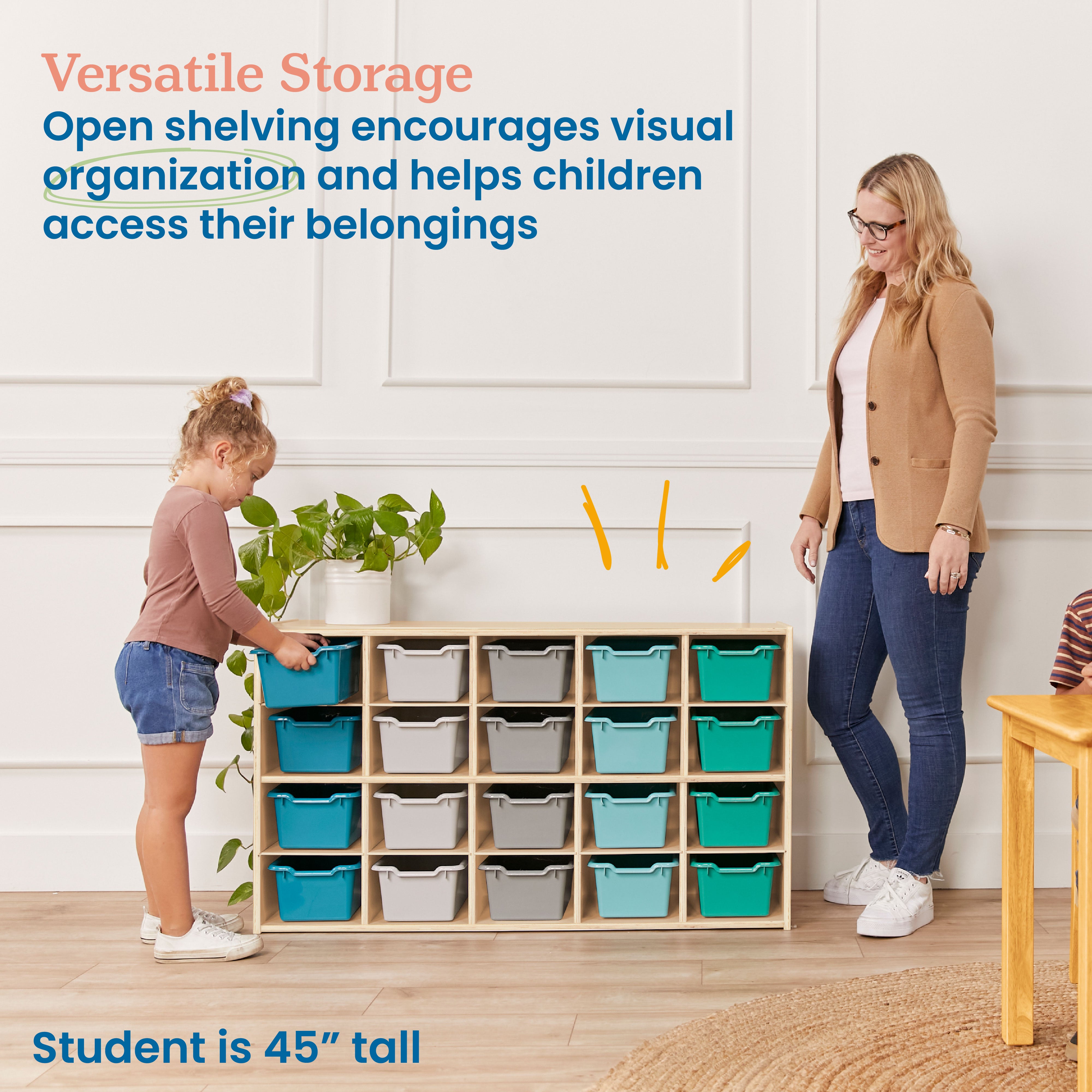 Streamline 20 Cubby Tray Storage Cabinet with 20 Scoop Front Storage Bins, 4x5, Natural
