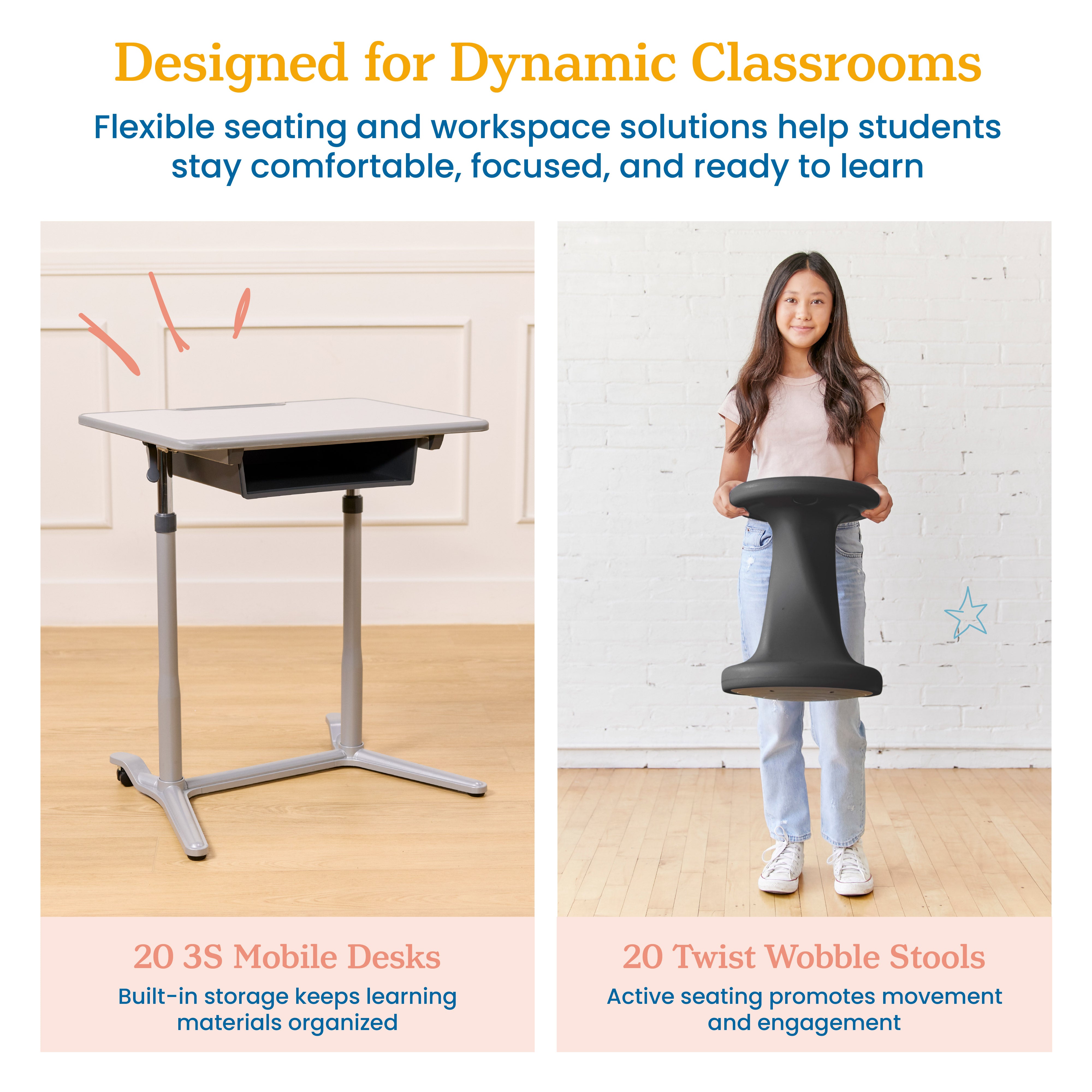 Flexible Classroom Package with 3S Mobile Desks and Twist Stools