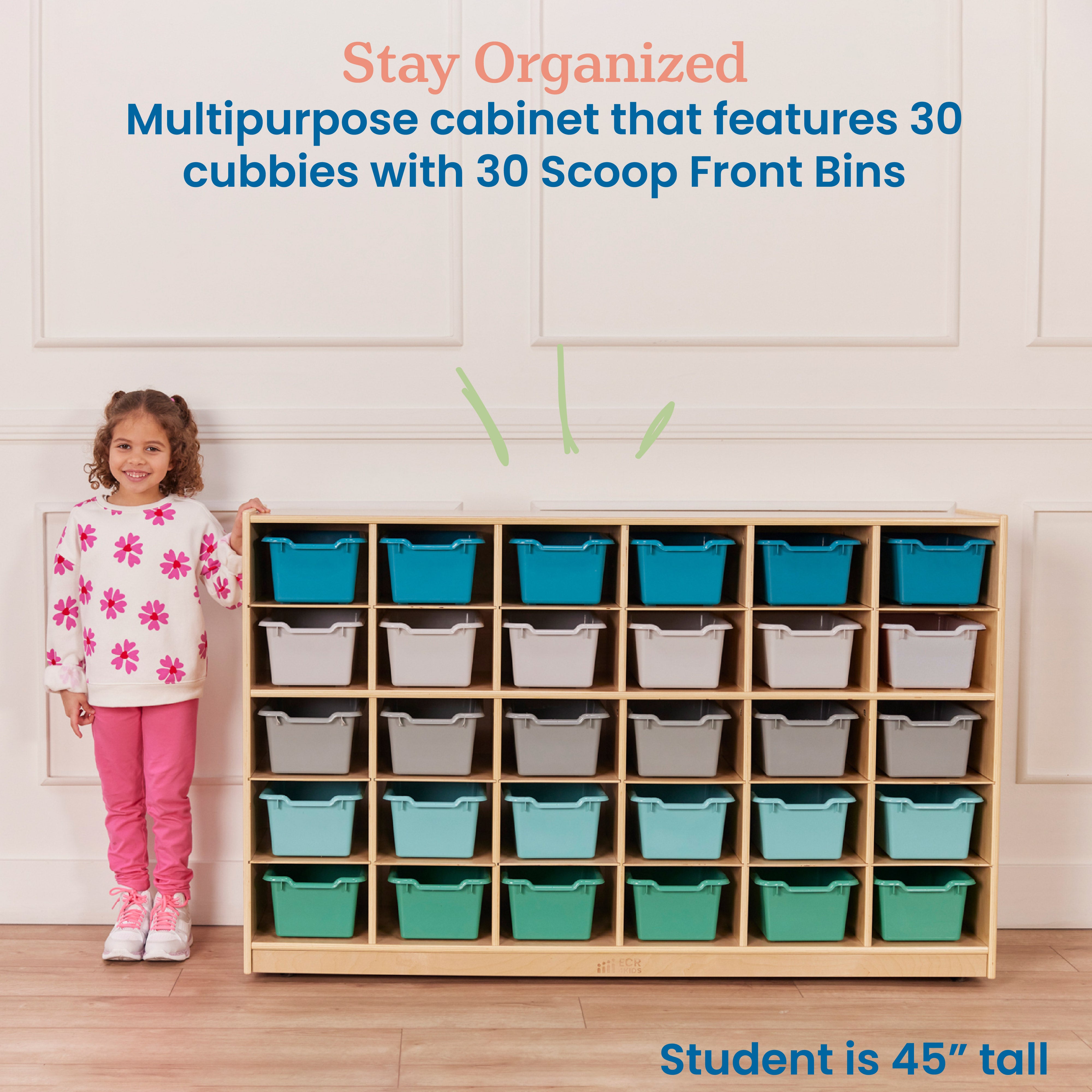 30 Cubby Mobile Tray Cabinet with 30 Scoop Front Storage Bins, 5x6, Natural